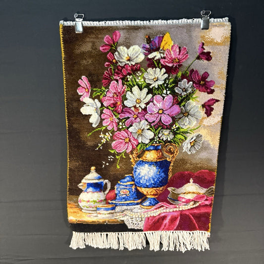 Pictorial Rug Flower Hand Knotted Tab’riz 23”x16” Cotton w/Silk 240KPSI0