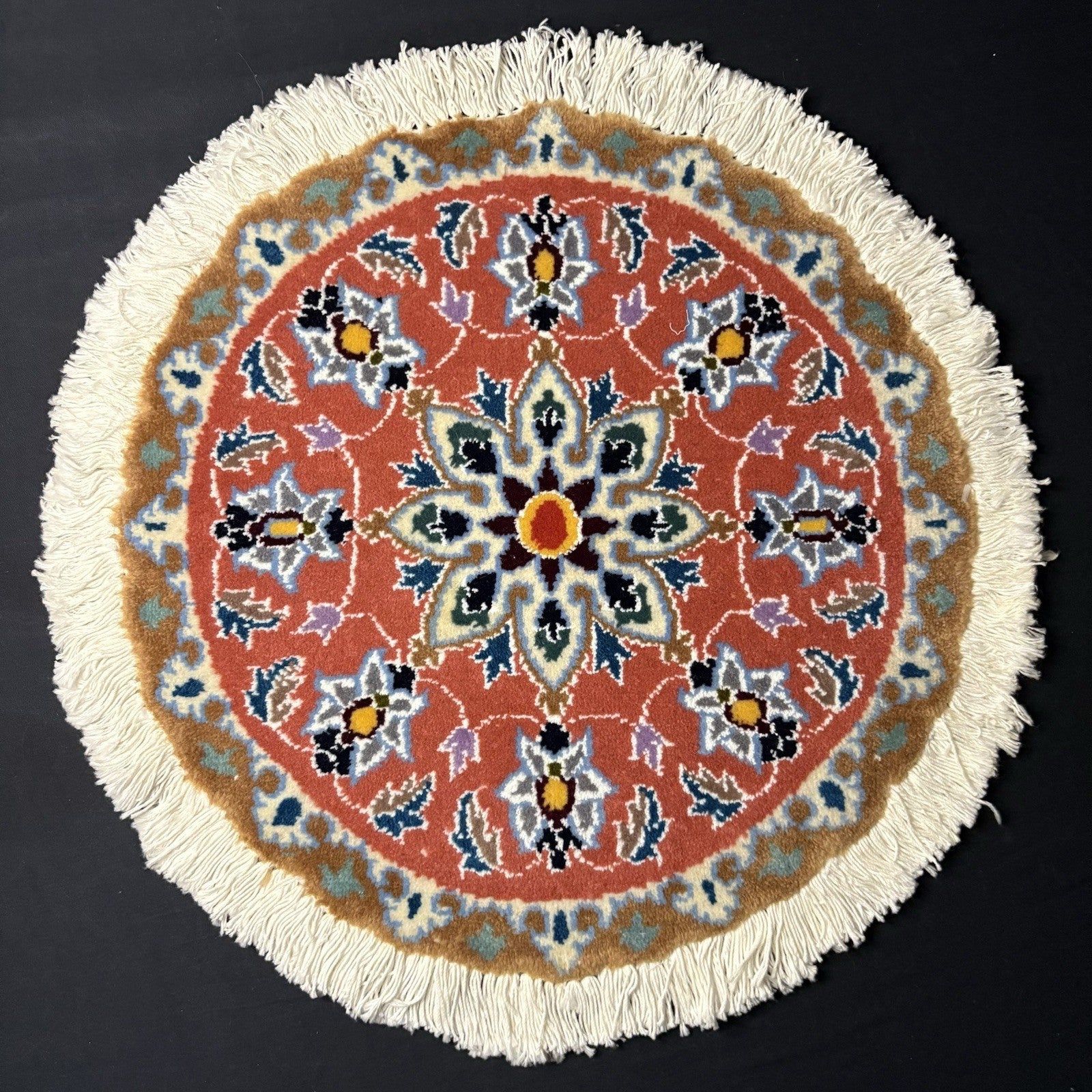 Persian Nain Medallion Round Rug Hand Knotted Size 17”x17” Or 43cm X43cm Orange0