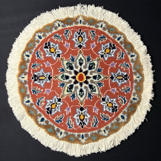 Persian Nain Medallion Round Rug Hand Knotted Size 17”x17” Or 43cm X43cm Orange0