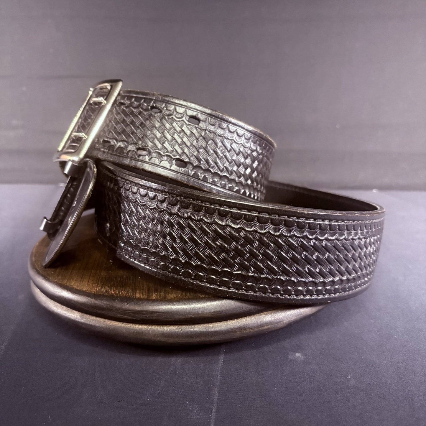 Aker Black Leather Duty Belt B03-46  Size 46 Basketweave w/ Chrome Brass Buckle4