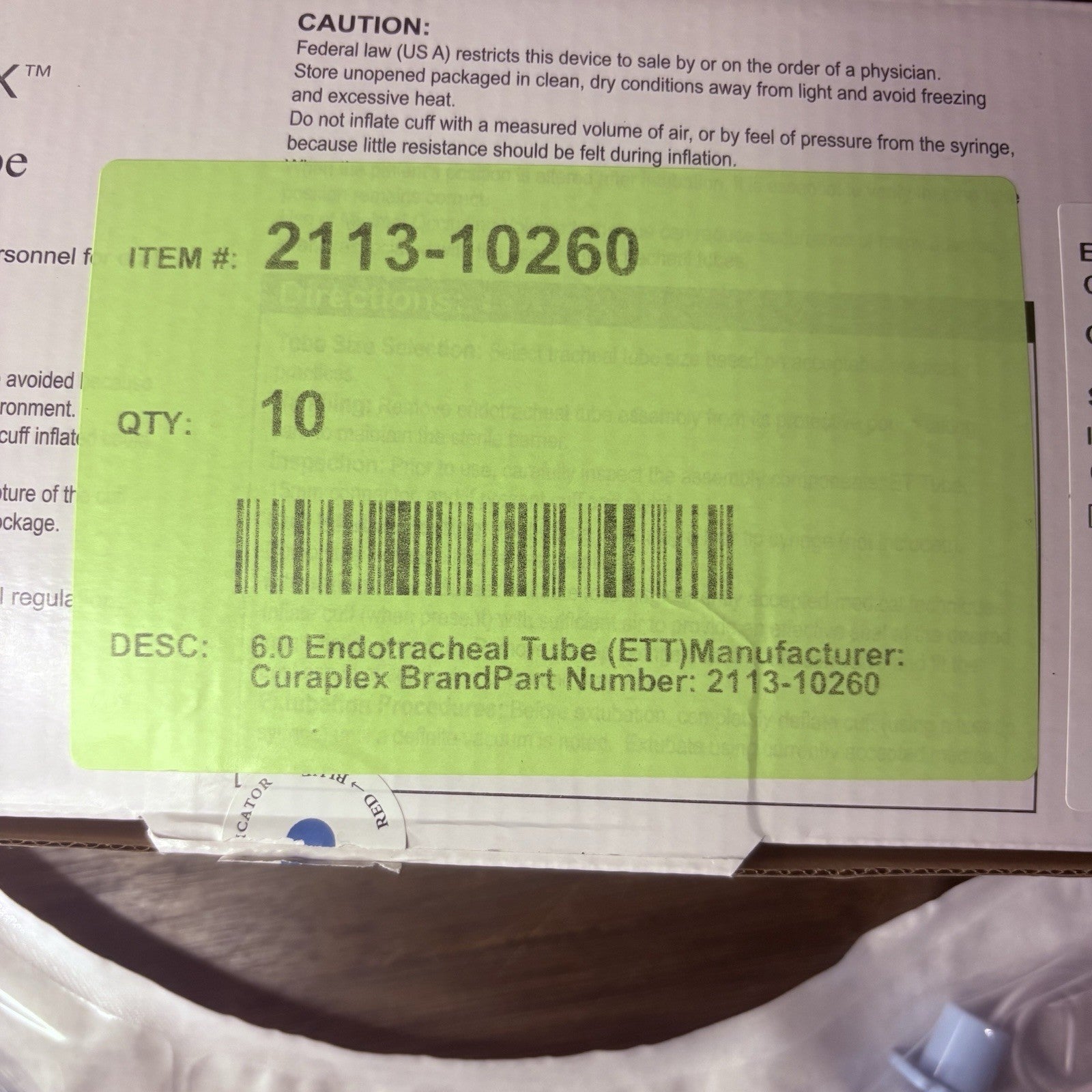 Box Of 10 Sterile Endotracheal Tube 6.0 mm w/Cuff Individually Packaged Sealed3