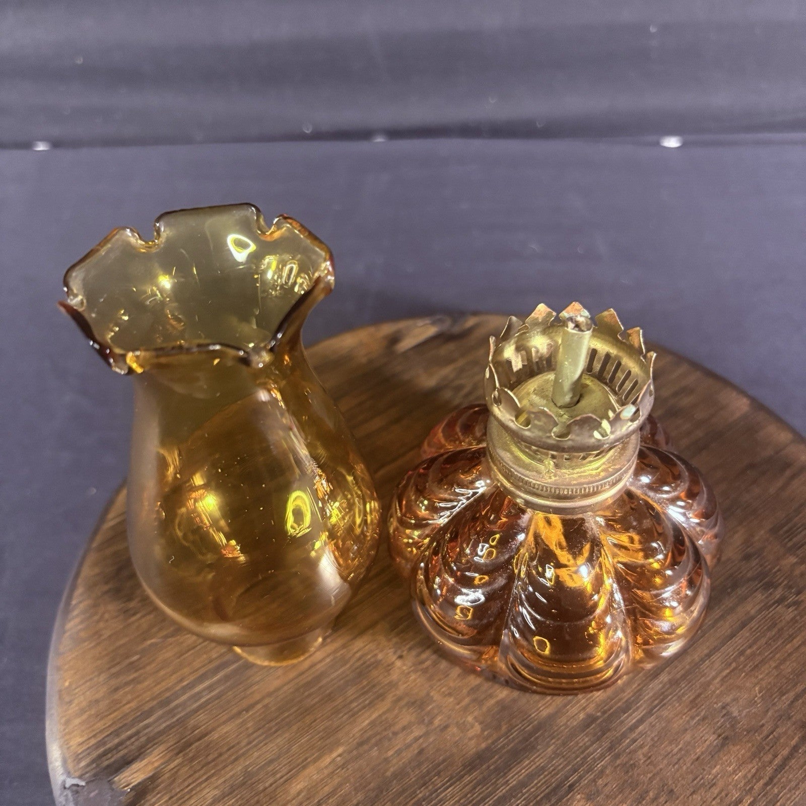 VTG Miniature Hurricane Oil Lamp Amber Base, Hong Kong 8" Clear Shade7