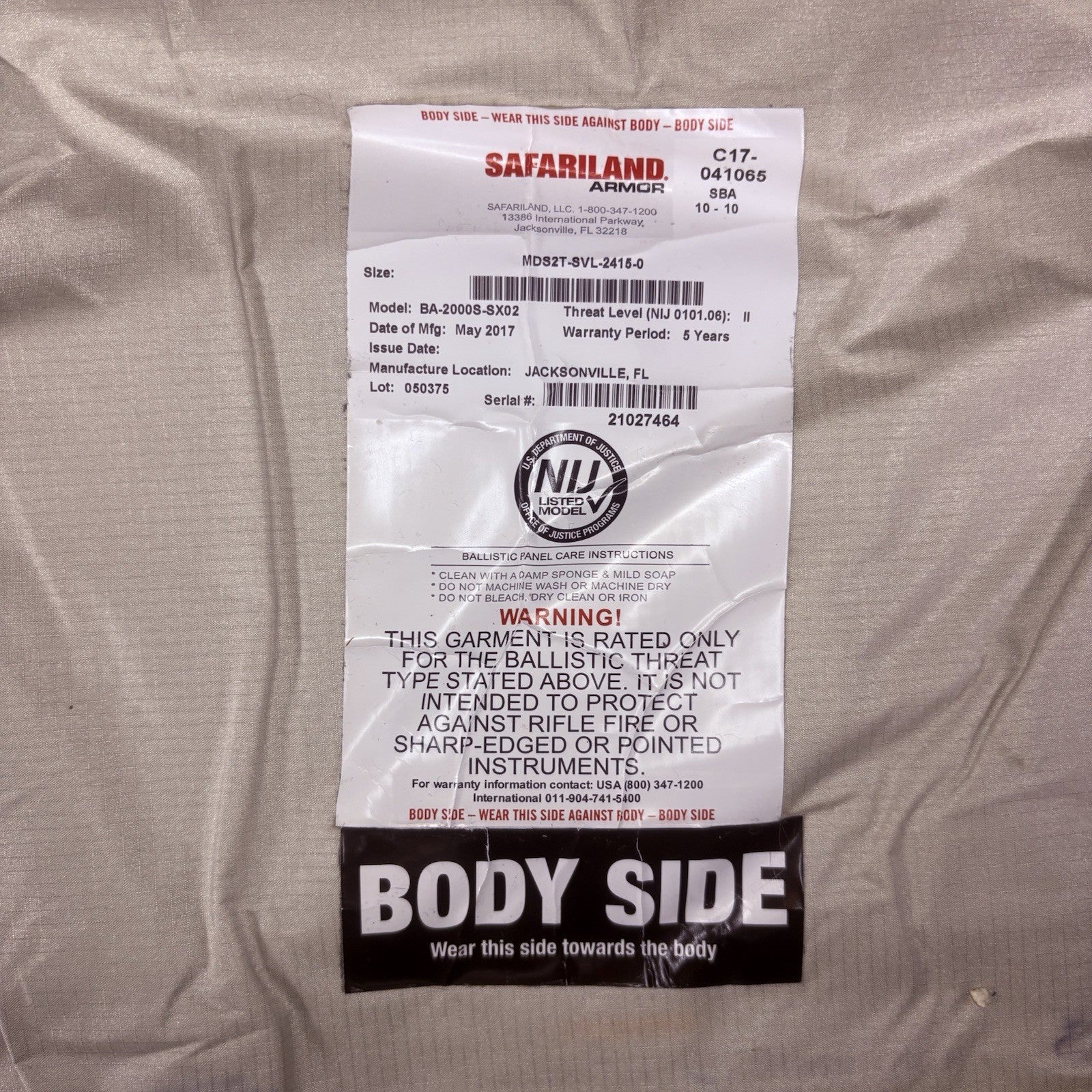 Safariland SX Armor Vest Level 2 II Size XXL Long Thinnest Lightest Bullet Proof11