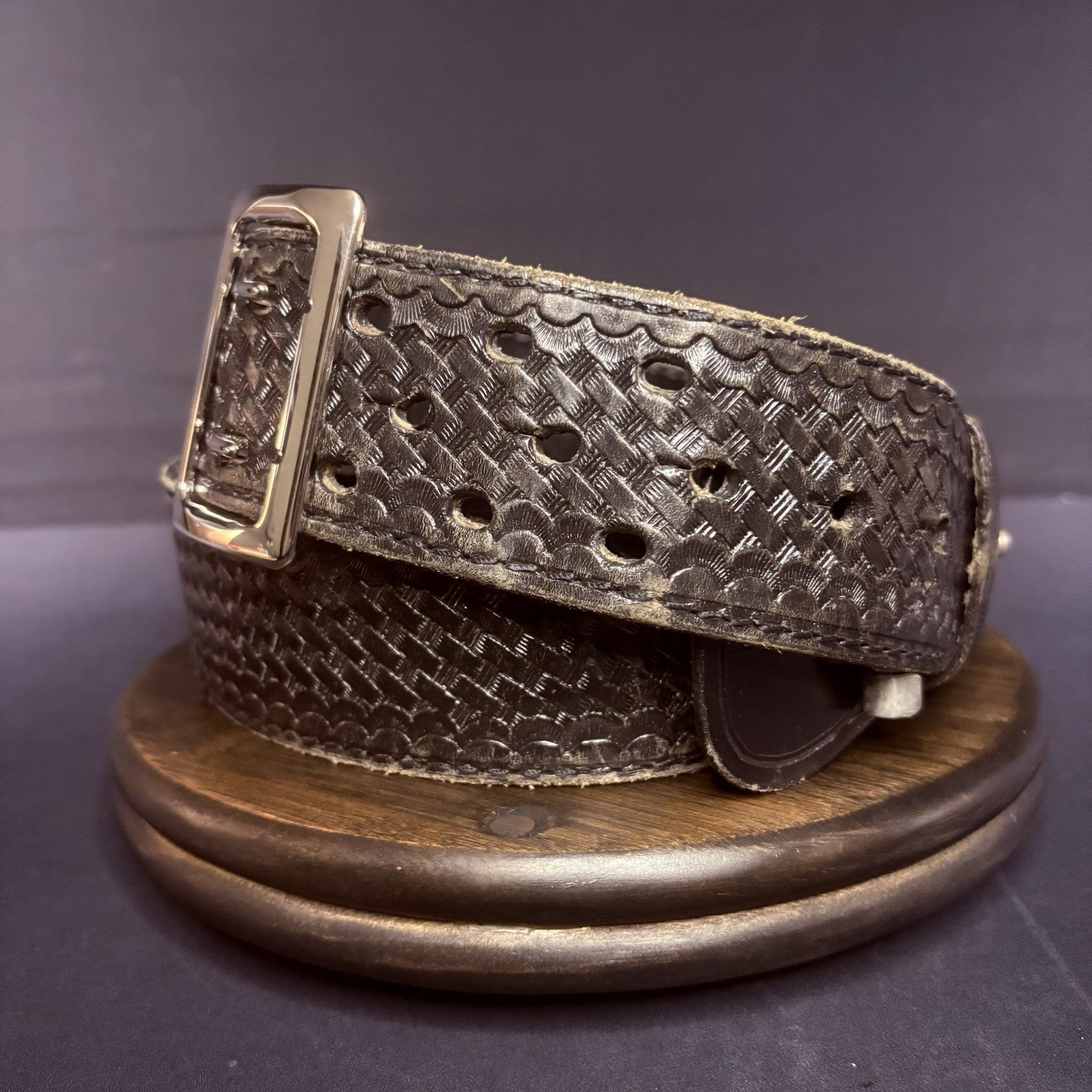 JS Leather Sam Browne Duty Belt Size 40" Black Basket Weave Chrome Brass Buckle9