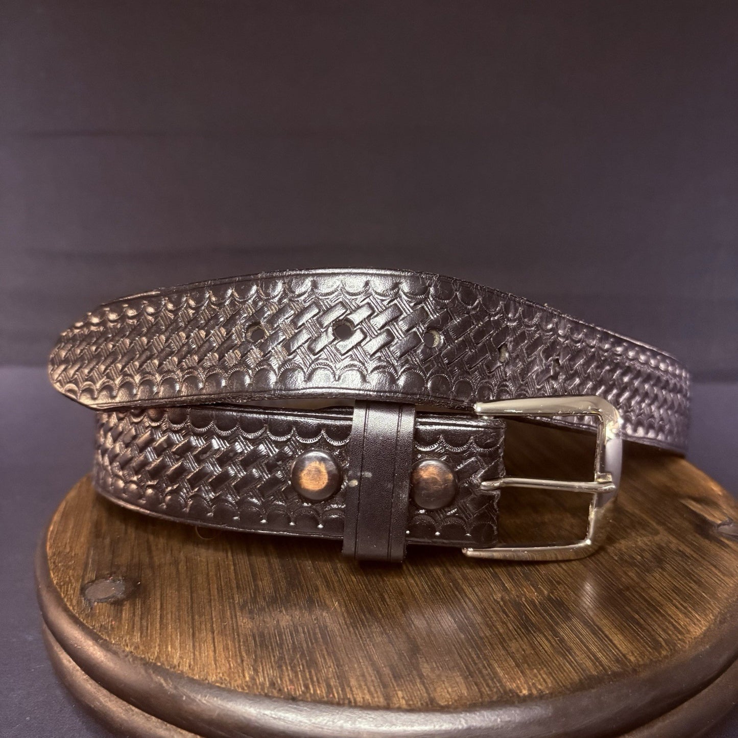JS Leather Off Duty Belt Size 30" Black Basket Weave Chrome Buckle1