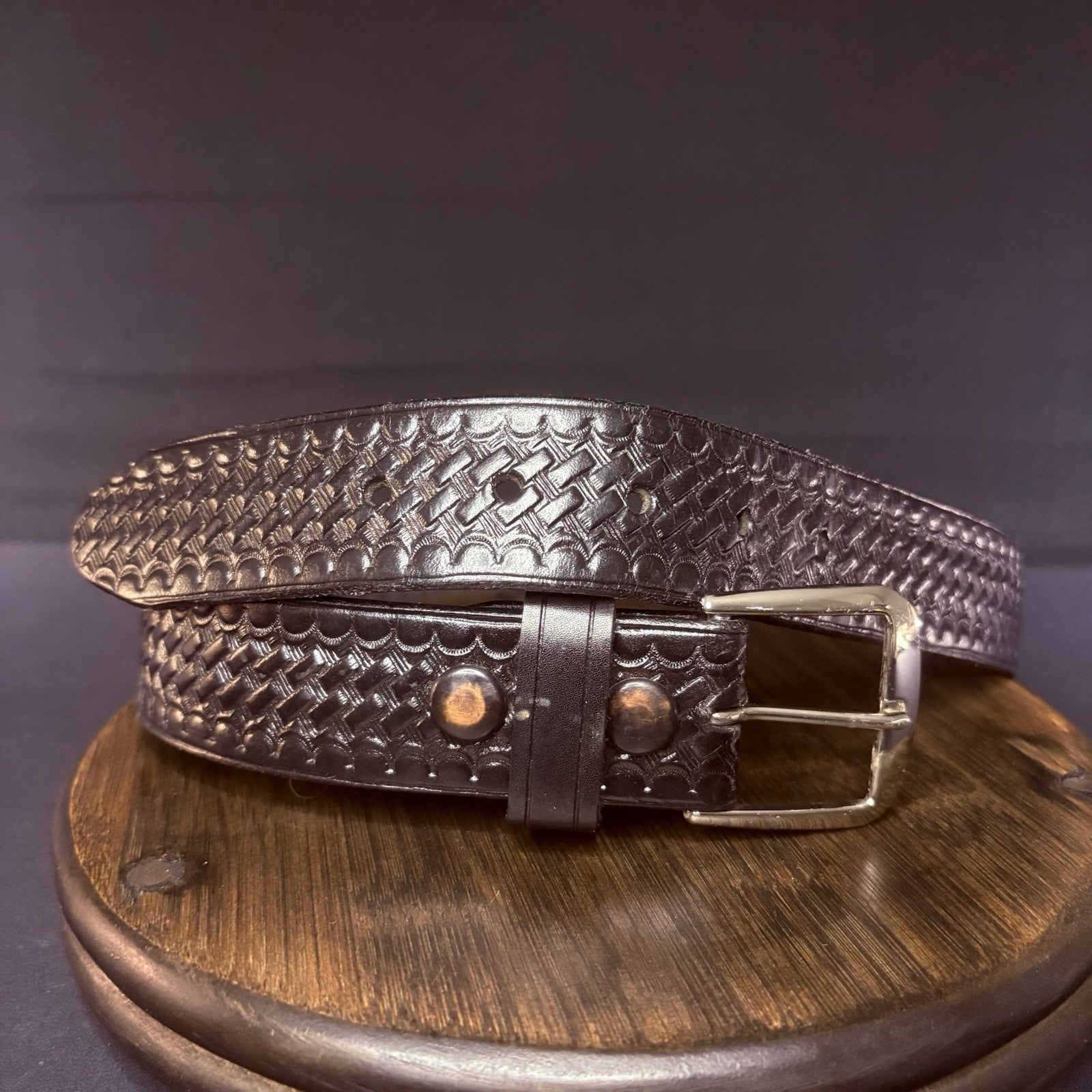 JS Leather Off Duty Belt Size 30" Black Basket Weave Chrome Buckle1