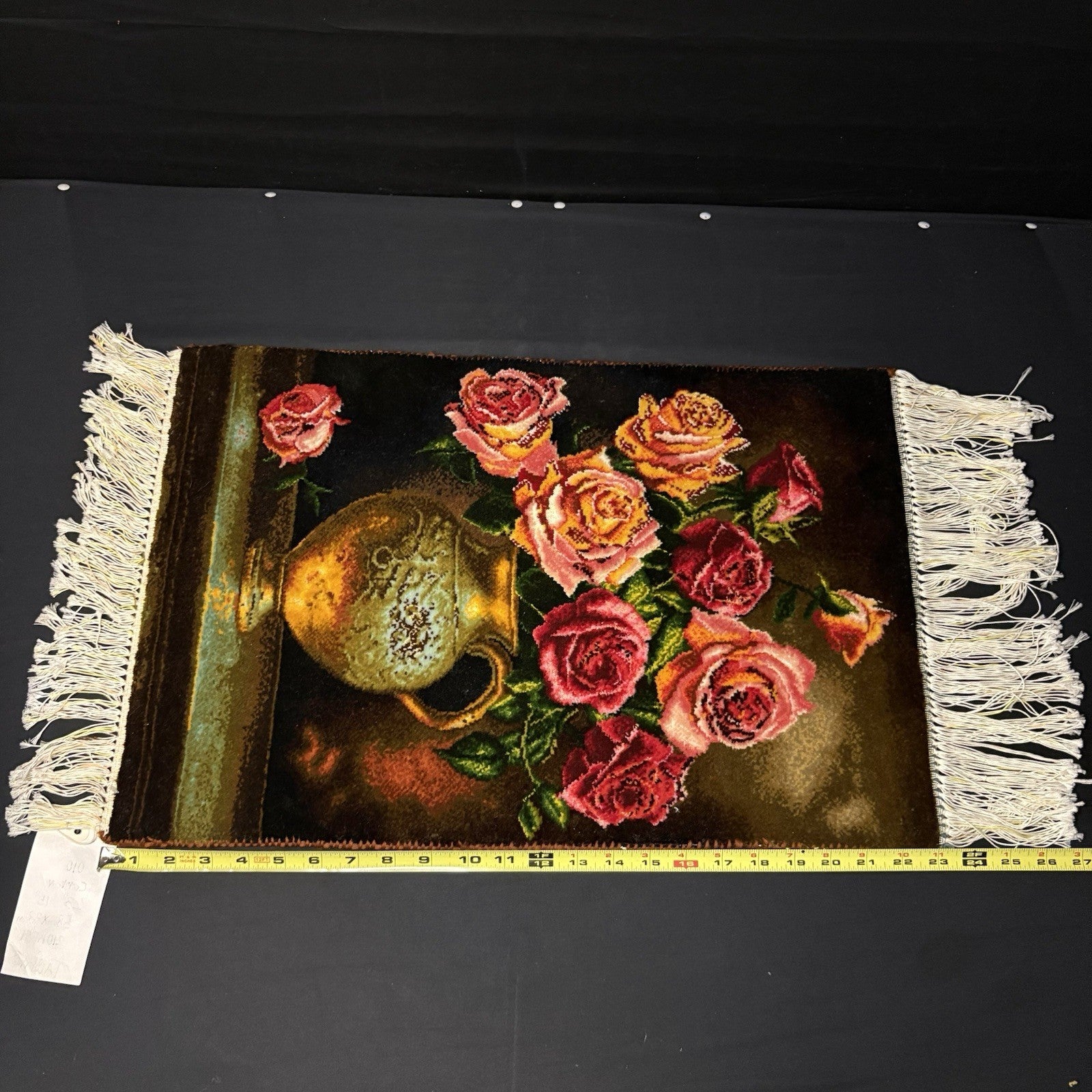 Persian Pictorial Rug Hand Knotted Flower 23”x15” 58X38cm w/Rug Hangers16
