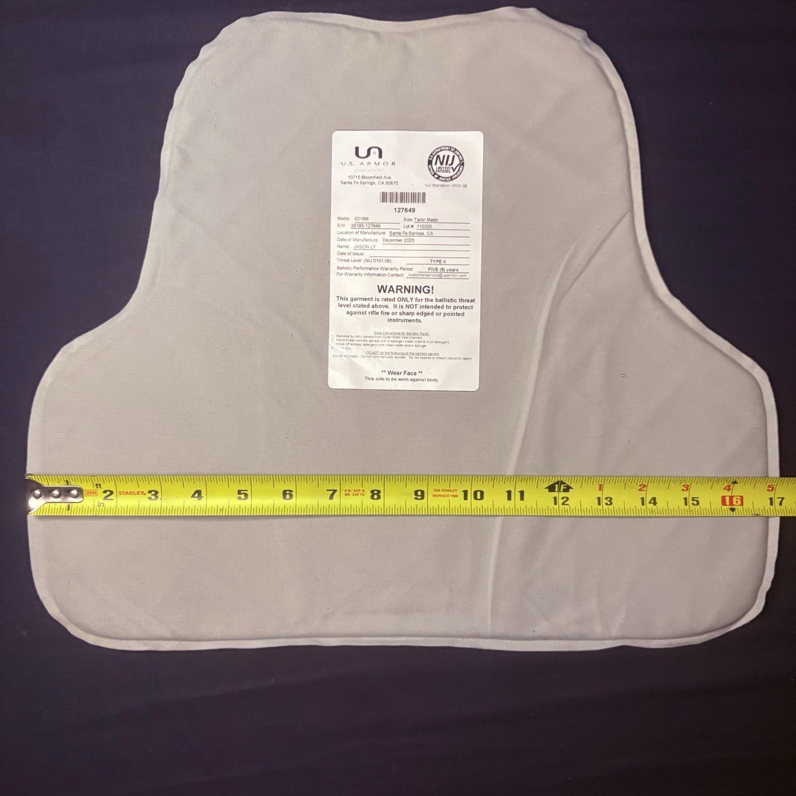 US Armor Level II (2)  Bullet Proof Concealable Vest -Size SMALL- 202017