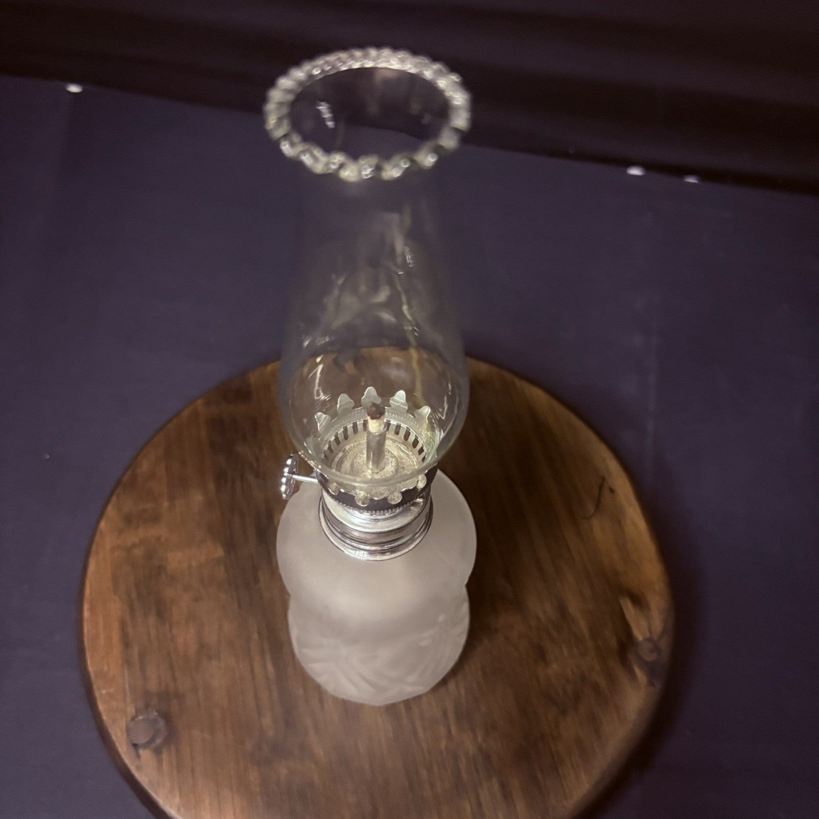 VTG Miniature Hurricane Oil Lamp LampLight Farms Frosted Glass Austria Made 9.5”3