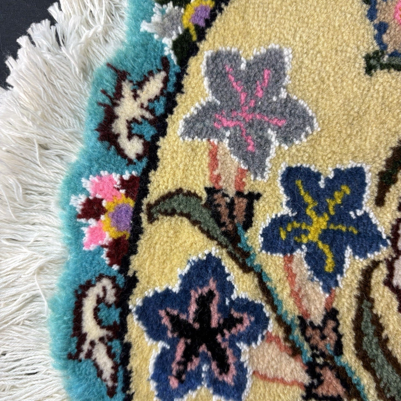 Persian Nain Round Flower Rug Yellow Hand Knotted Size 20”x20” Or 50cm X 50cm9