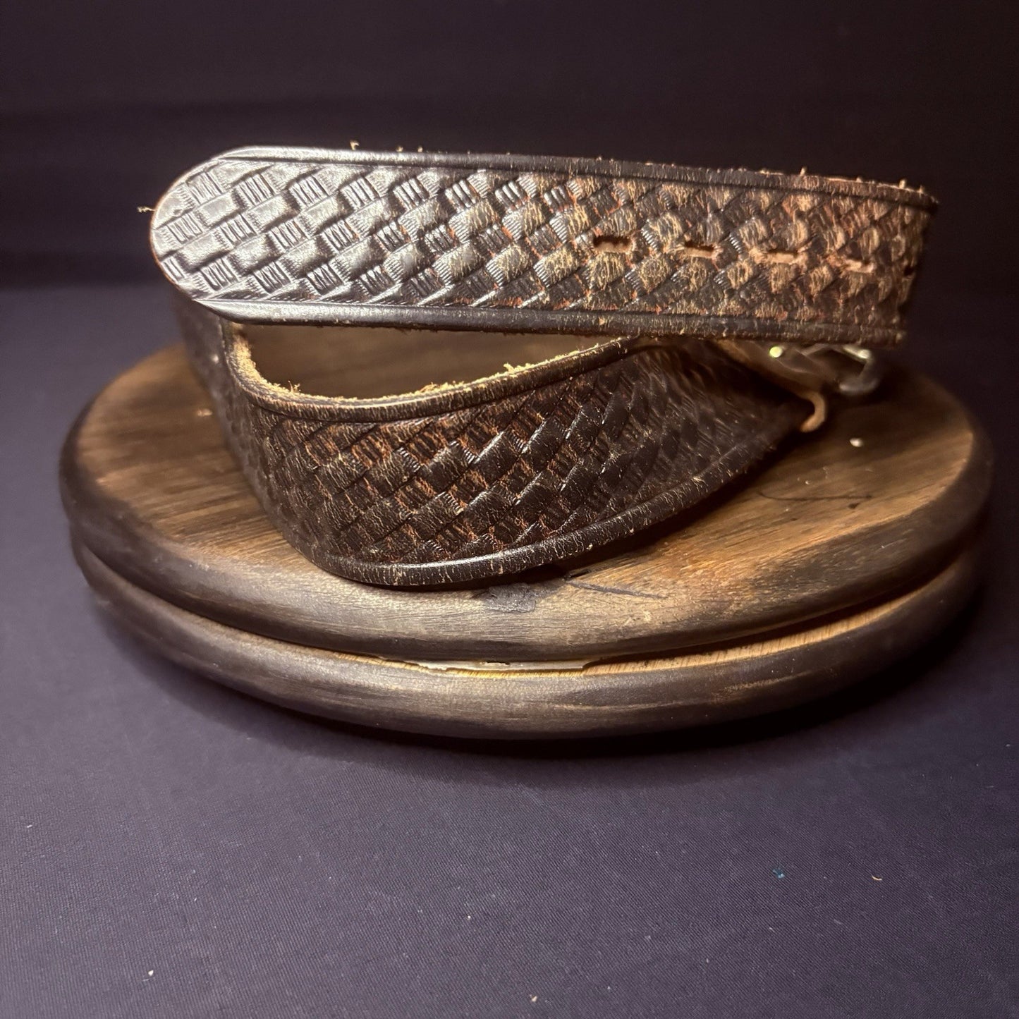 Worn Leather Belt 30" Basket Weave5