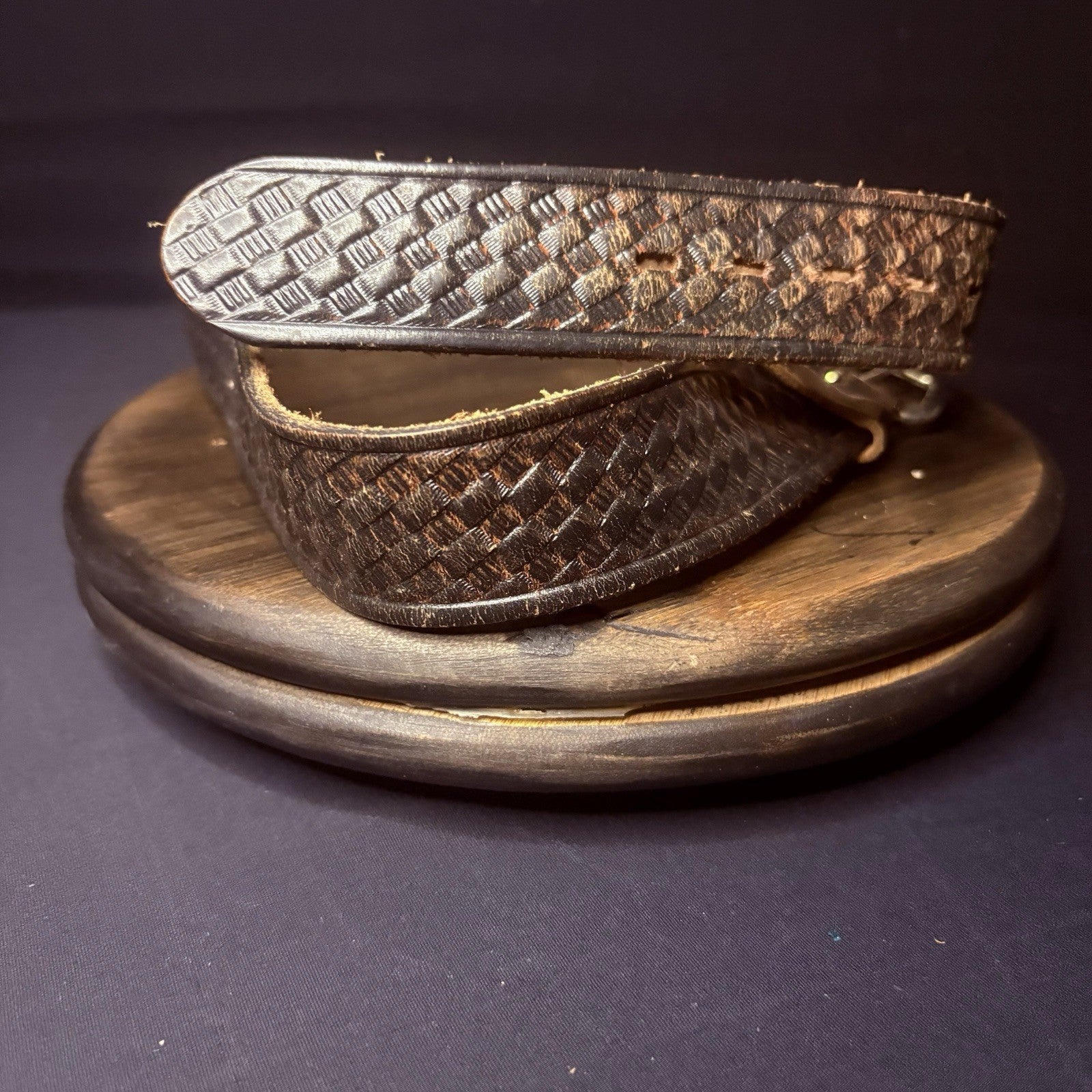 Worn Leather Belt 30" Basket Weave5