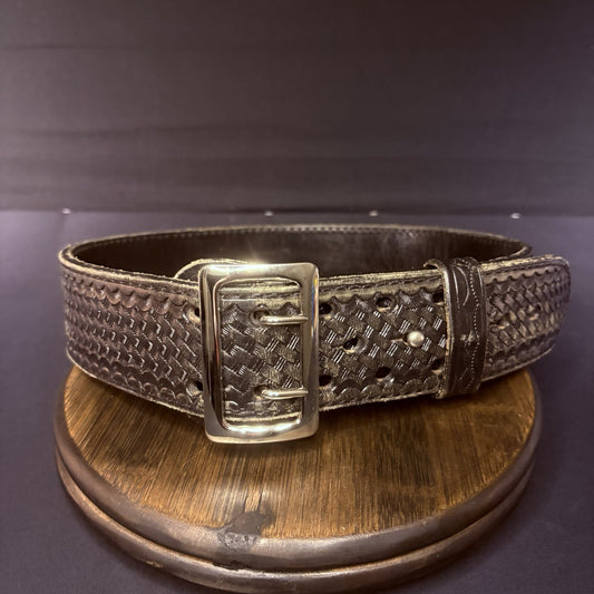 JS Leather Sam Browne Duty Belt Size 32" Black Basket Weave Chrome Buckle0
