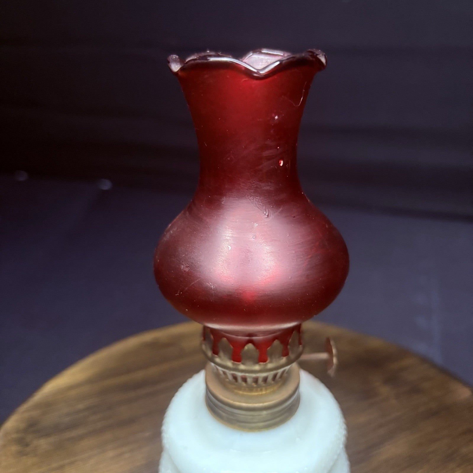 VTG Miniature Hurricane Oil Lamp Hobnail Milk Glass Base Ruby Globe, Hong Kong2