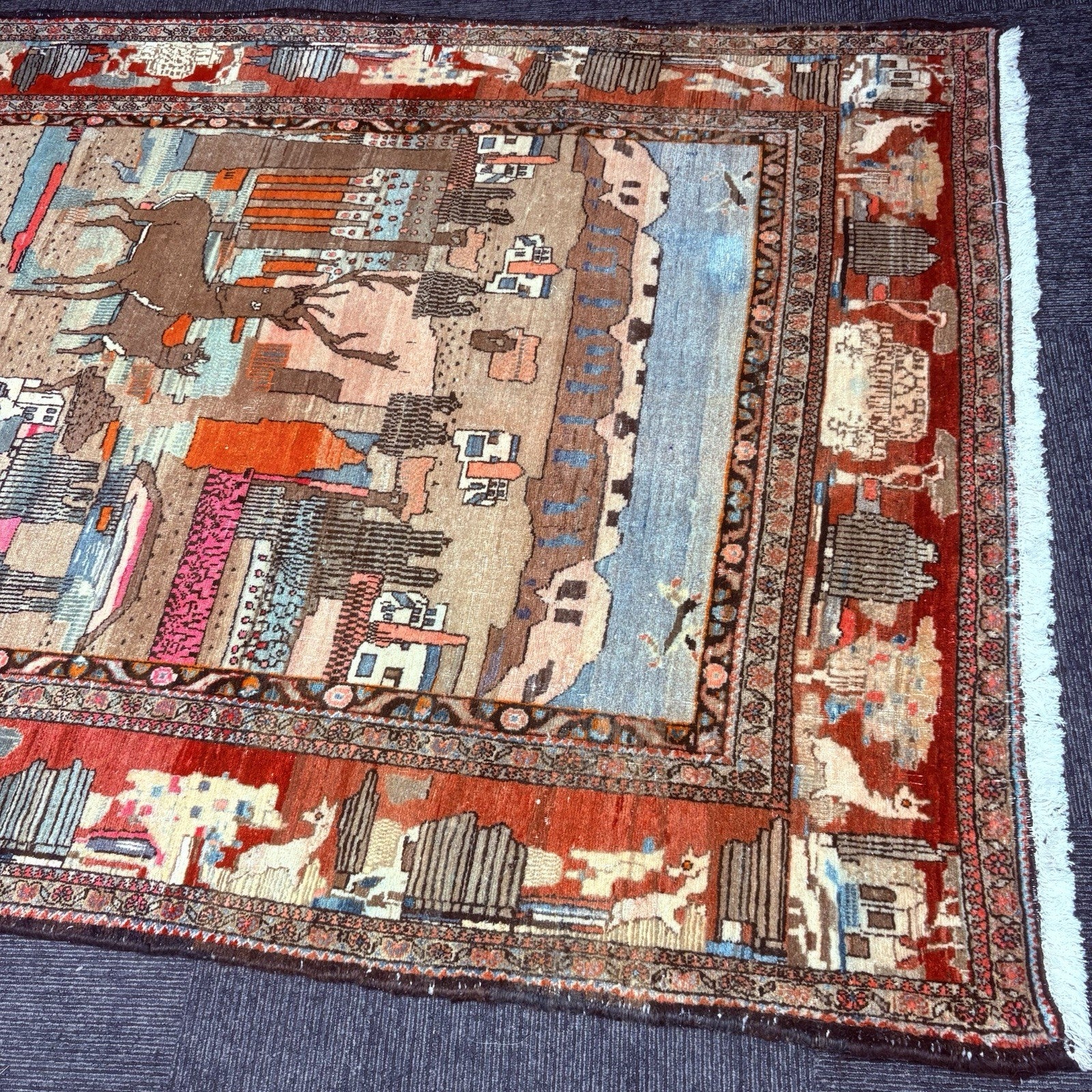 Antique Hand Knotted Pictorial Rug 9'x5' 1940s Kashann Rug17
