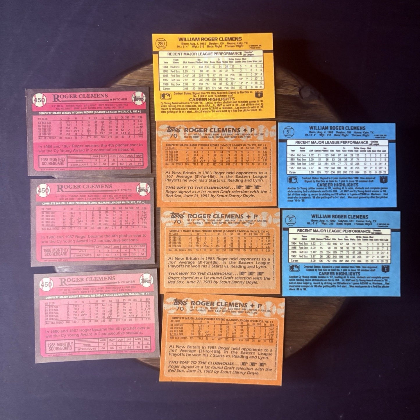 19871988 Roger Clemens (9) Card Lot,  Topps & Donruss, #450, #280, #70, #5110