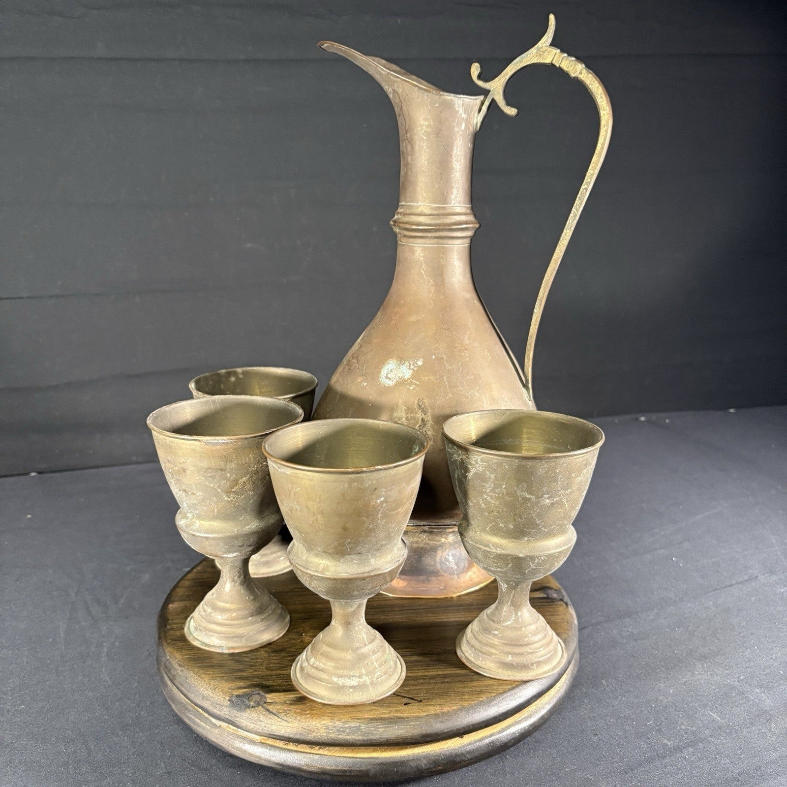 Antique Arabic Pitcher w/ Cups Middle Eastern Hand Hammered Brass Early 1900s12