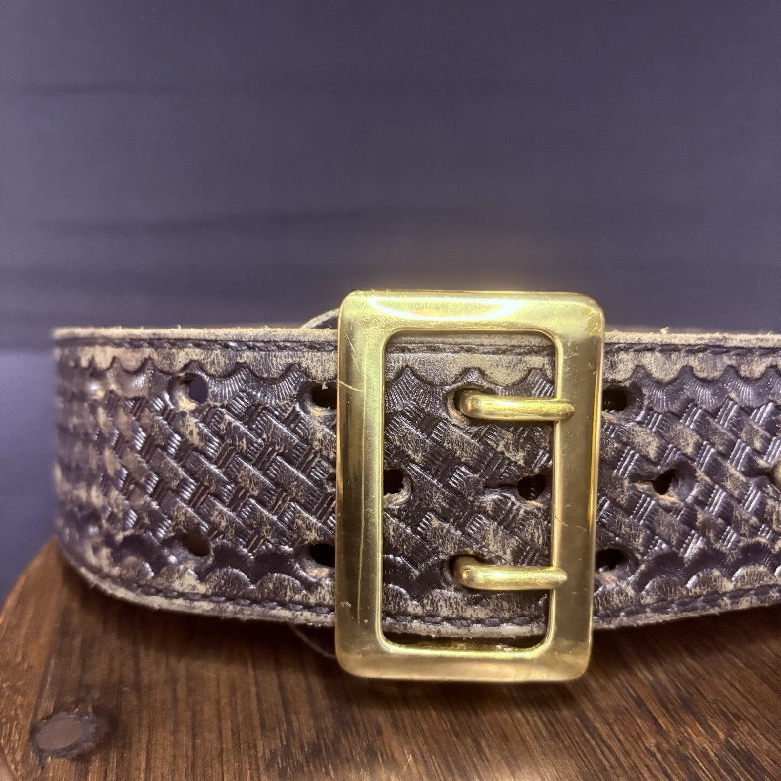JS Leather Sam Browne Duty Belt Size 32" Black Basket Weave Brass Buckle1
