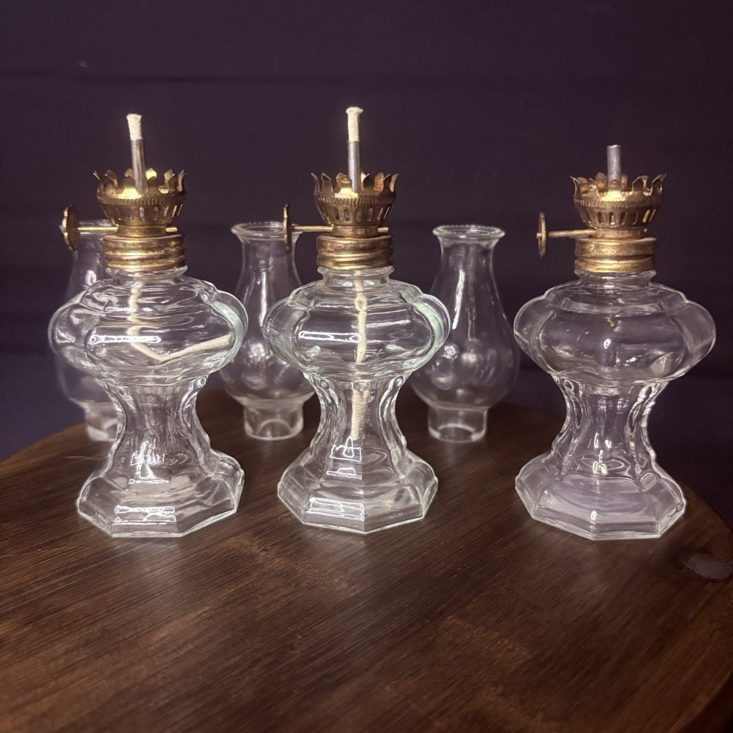VTG 3 Miniature Hurricane Oil Lamp Set Of 3, Thick Glass Octagon Base - 6.5"5