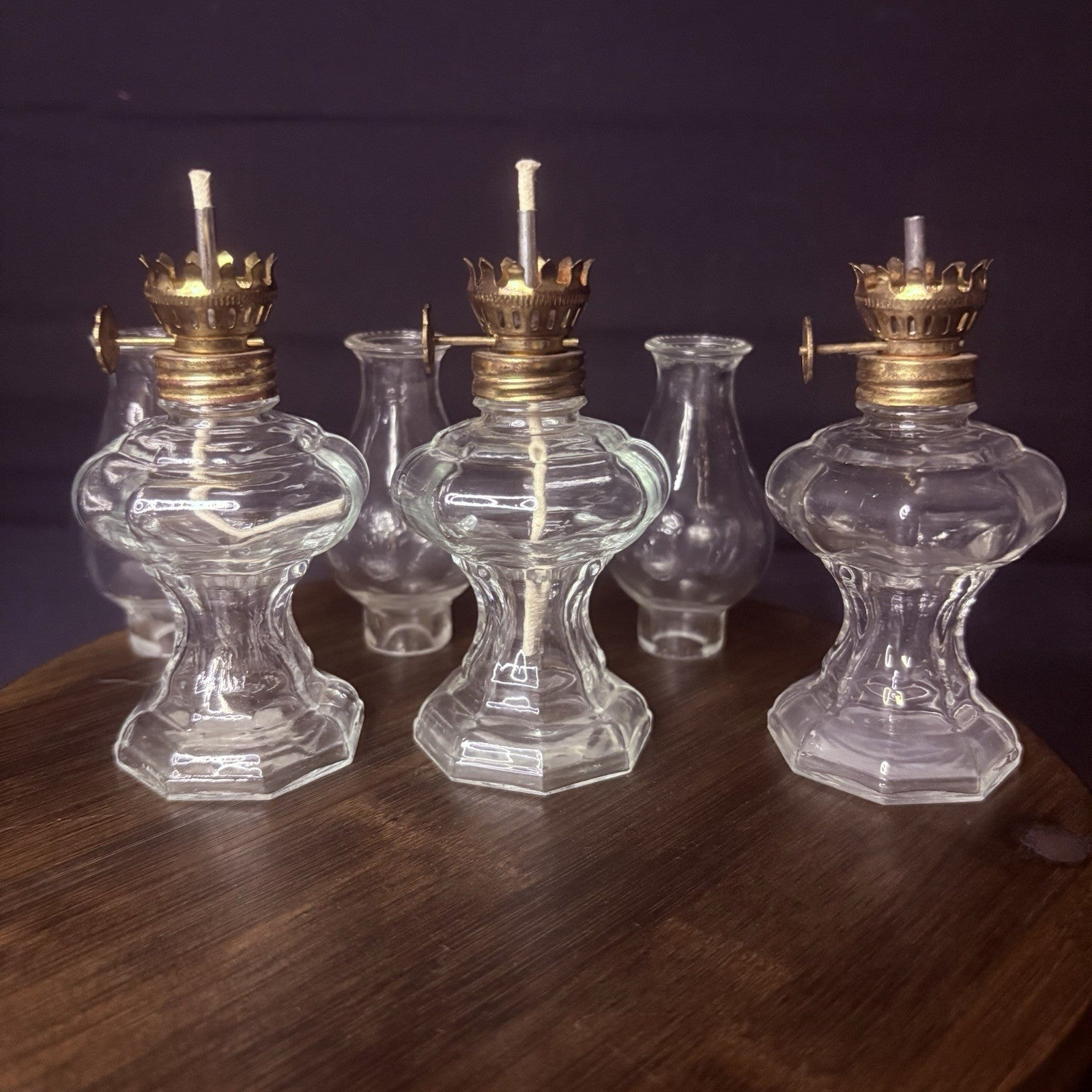 VTG 3 Miniature Hurricane Oil Lamp Set Of 3, Thick Glass Octagon Base - 6.5"5