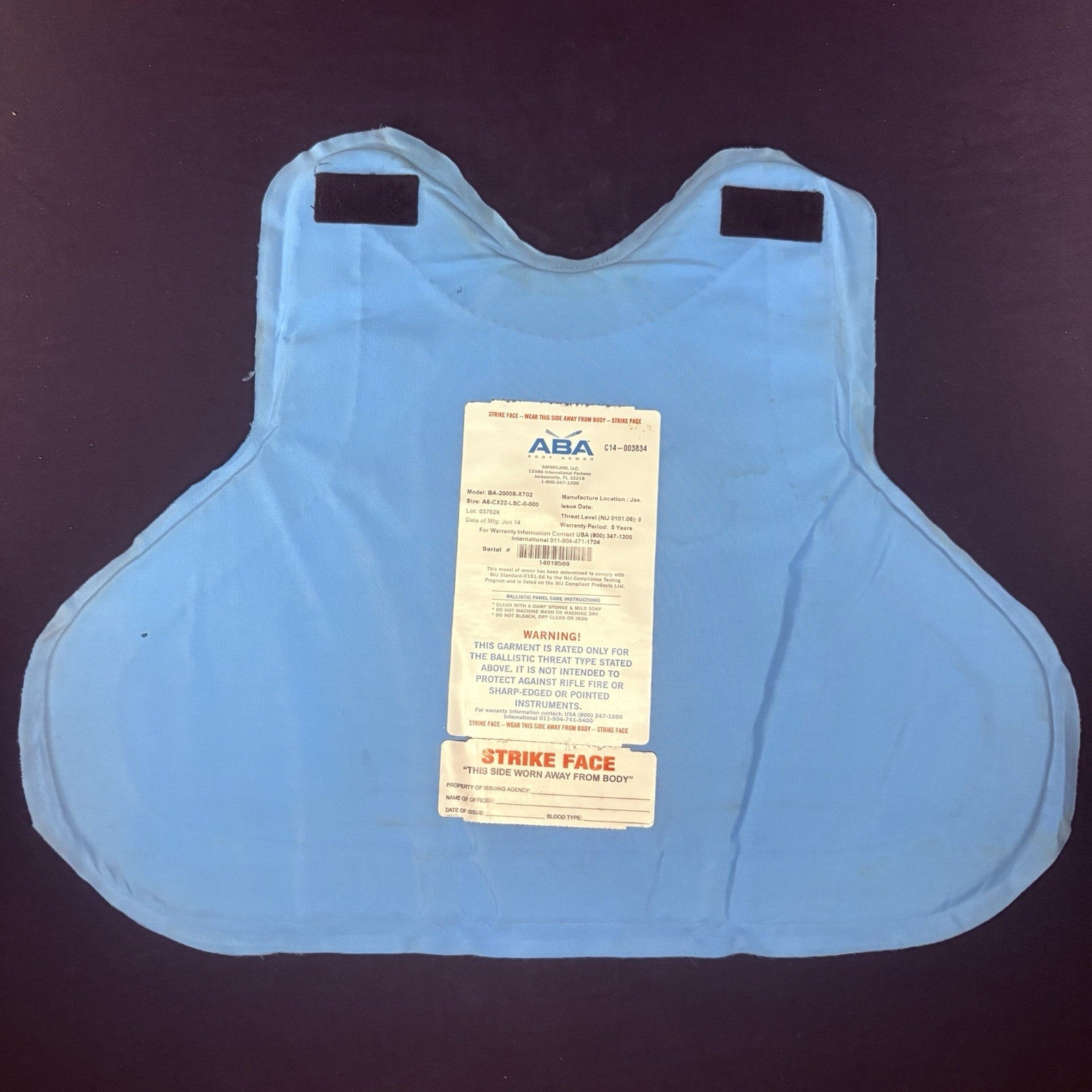 Second Chance Level 2 Vest w/ 3A Back Panel Size Medium Bullet Proof ABA Armor2