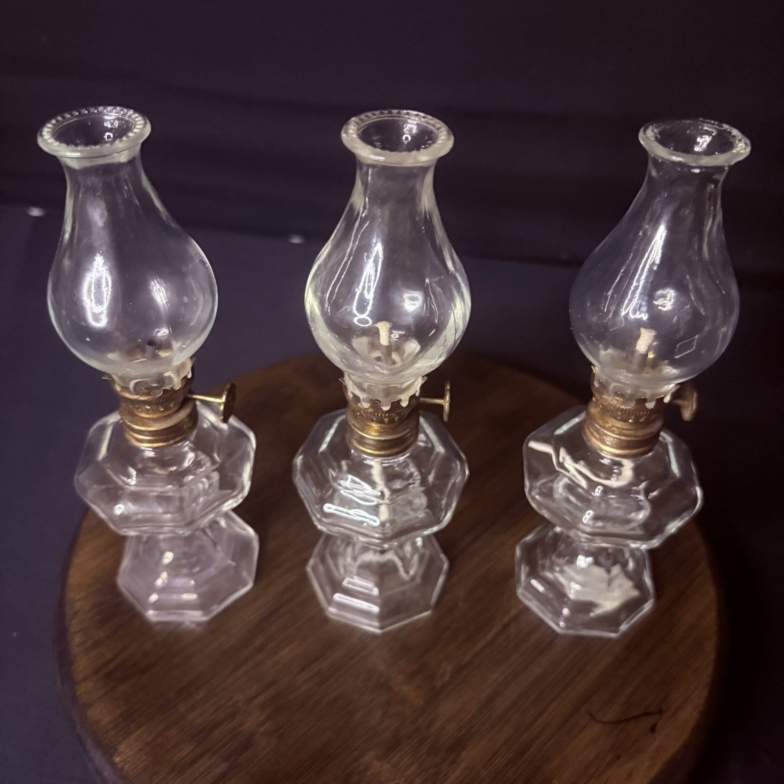 VTG 3 Miniature Hurricane Oil Lamp Set Of 3, Thick Glass Octagon Base - 6.5"16