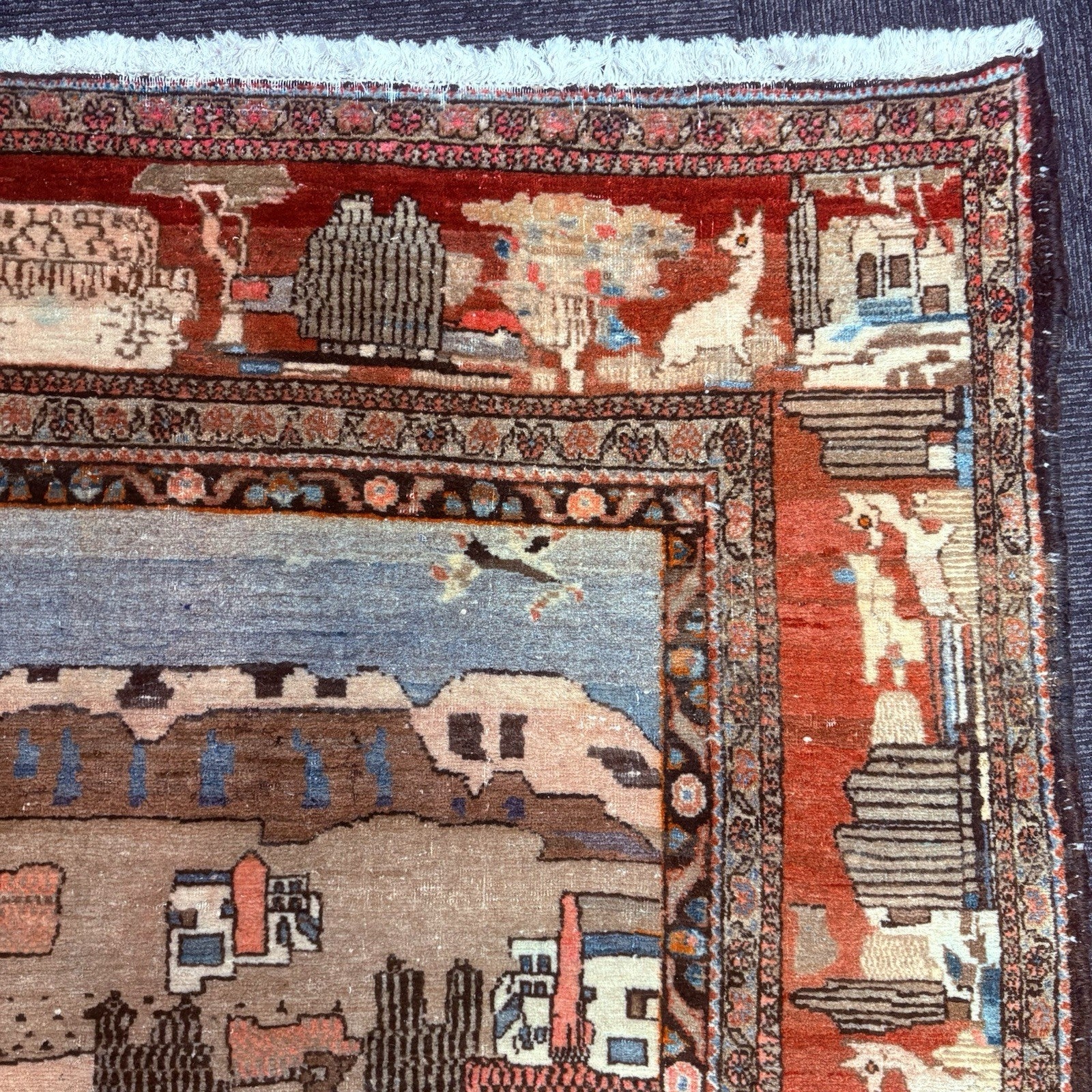 Antique Hand Knotted Pictorial Rug 9'x5' 1940s Kashann Rug9