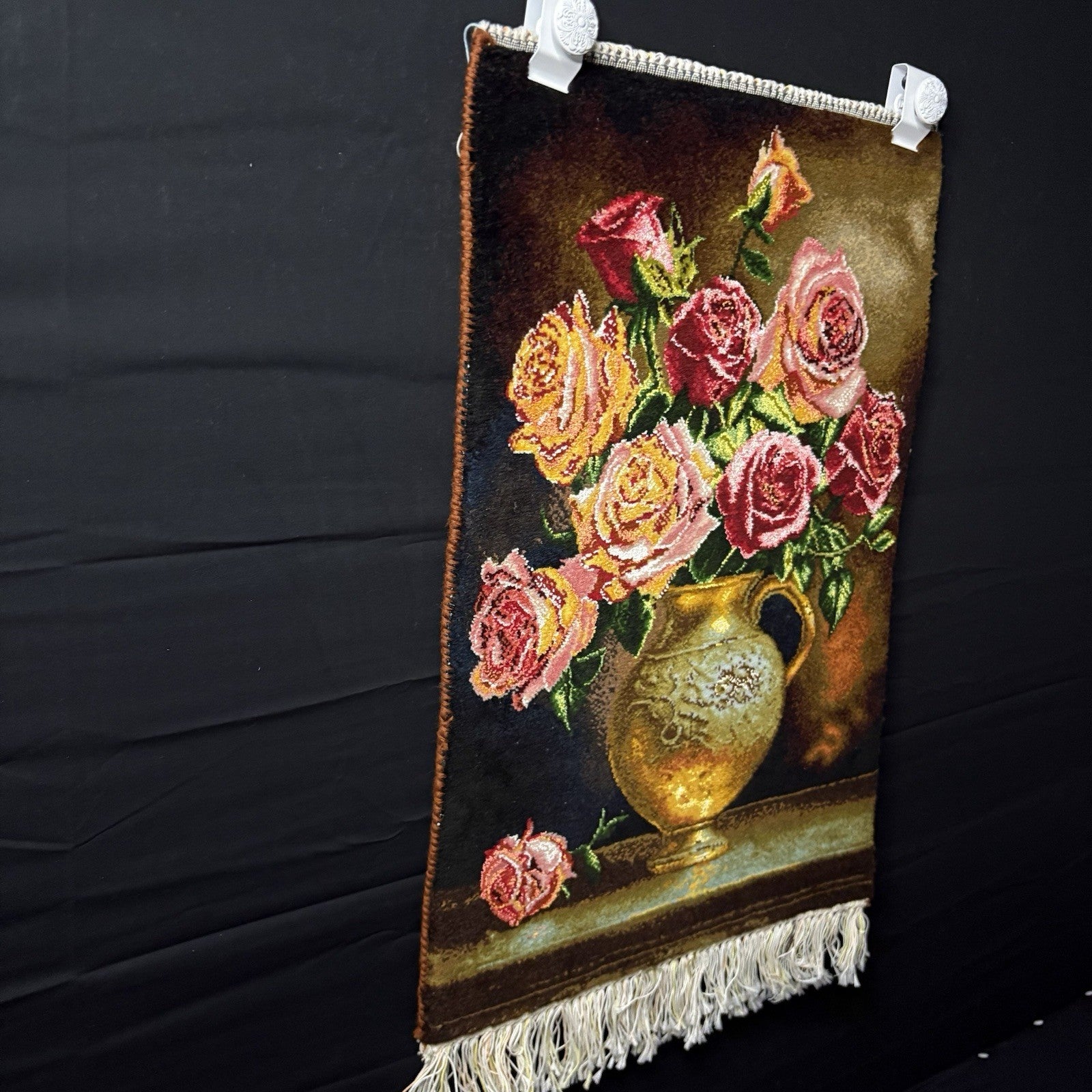 Persian Pictorial Rug Hand Knotted Flower 23”x15” 58X38cm w/Rug Hangers4