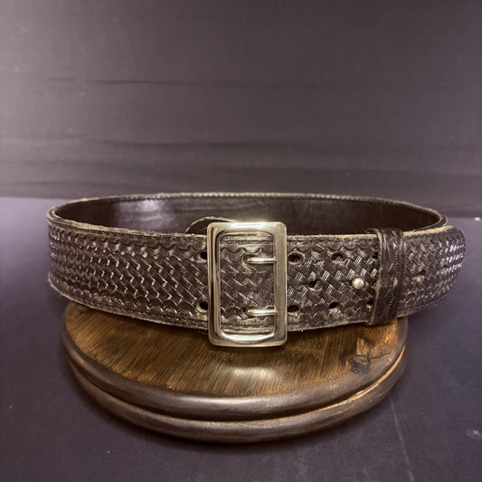 JS Leather Sam Browne Duty Belt Size 40" Black Basket Weave Chrome Brass Buckle0