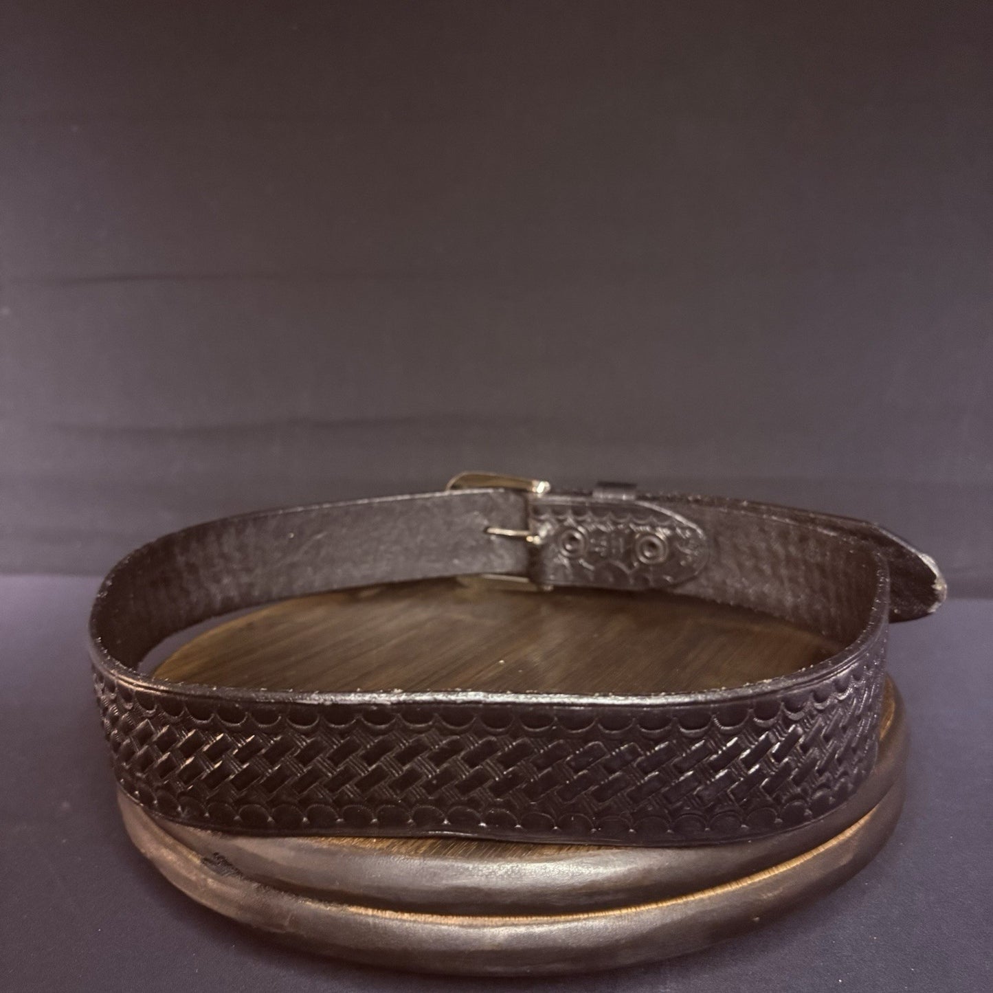 JS Leather Off Duty Belt Size 30" Black Basket Weave Chrome Buckle5