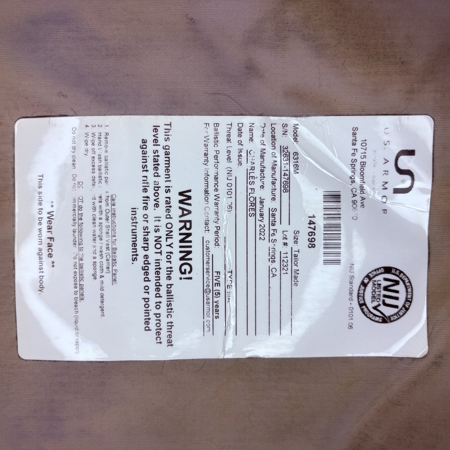 US Armor Bullet Proof Vest IIIA (3A) Size Large 2022 w/ Trauma Plate Concealable10