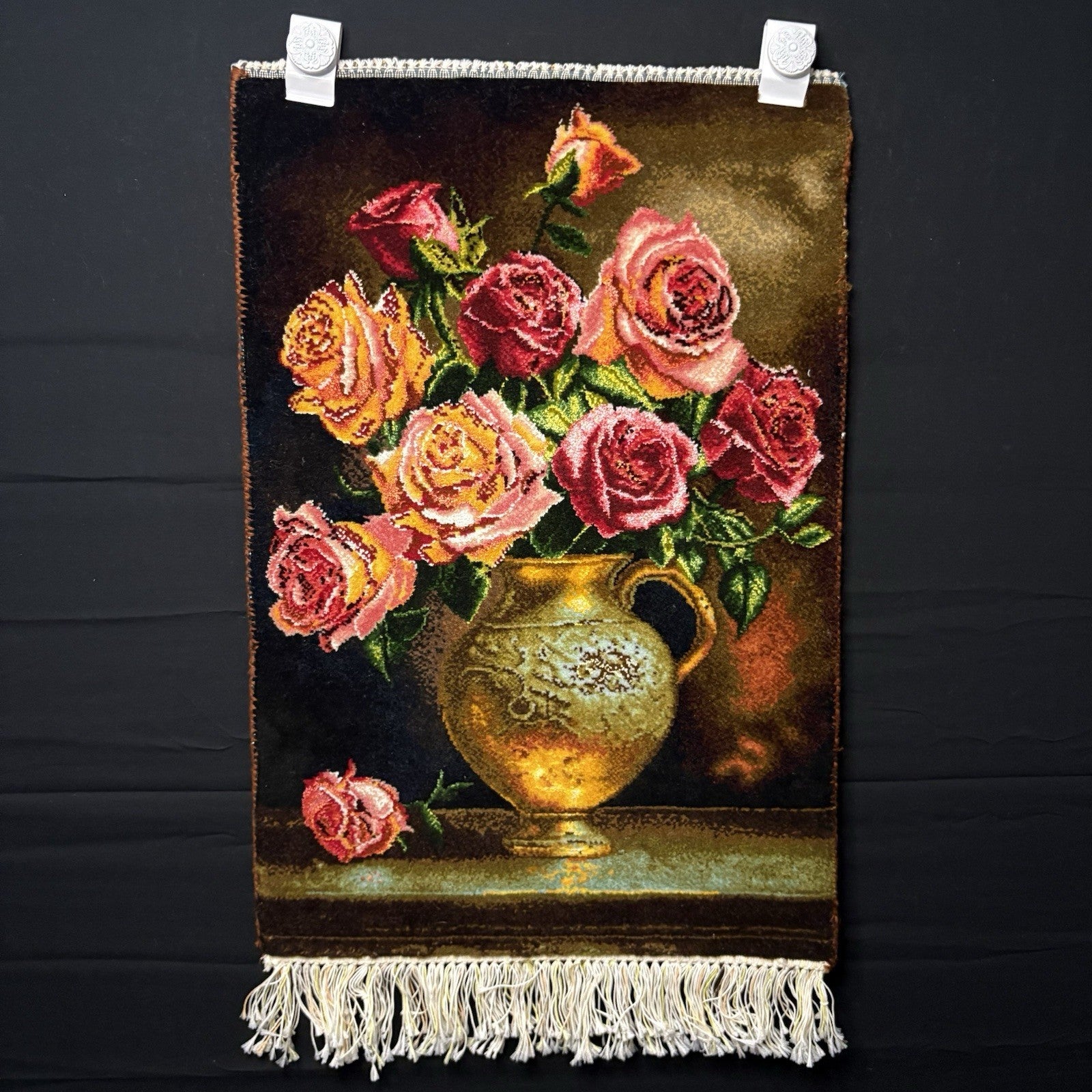 Persian Pictorial Rug Hand Knotted Flower 23”x15” 58X38cm w/Rug Hangers0