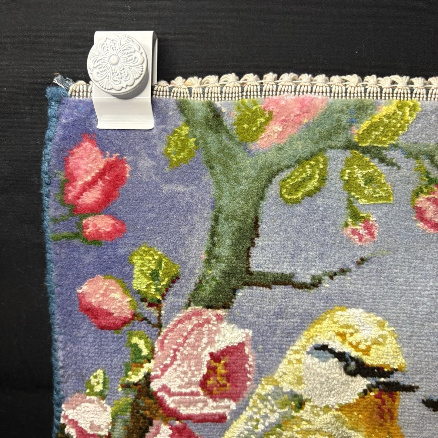 Per’sian Pictorial Rug Hand Knotted Birds & Flowers w/Silk 21”x15” w/Rug Hangers10