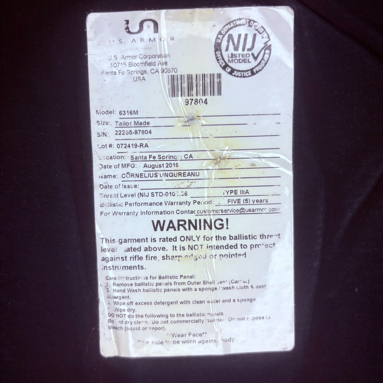 US Armor IIIA (3A) Bullet Proof Concealable Vest -Size Large- 201910