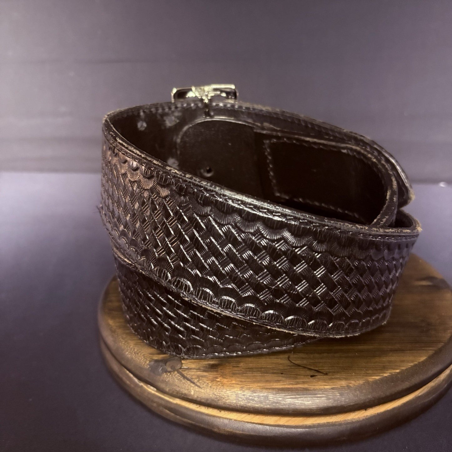 JS Leather Duty Belt Size 36" Black Basket Weave Chrome Brass Buckle Sam Browne10