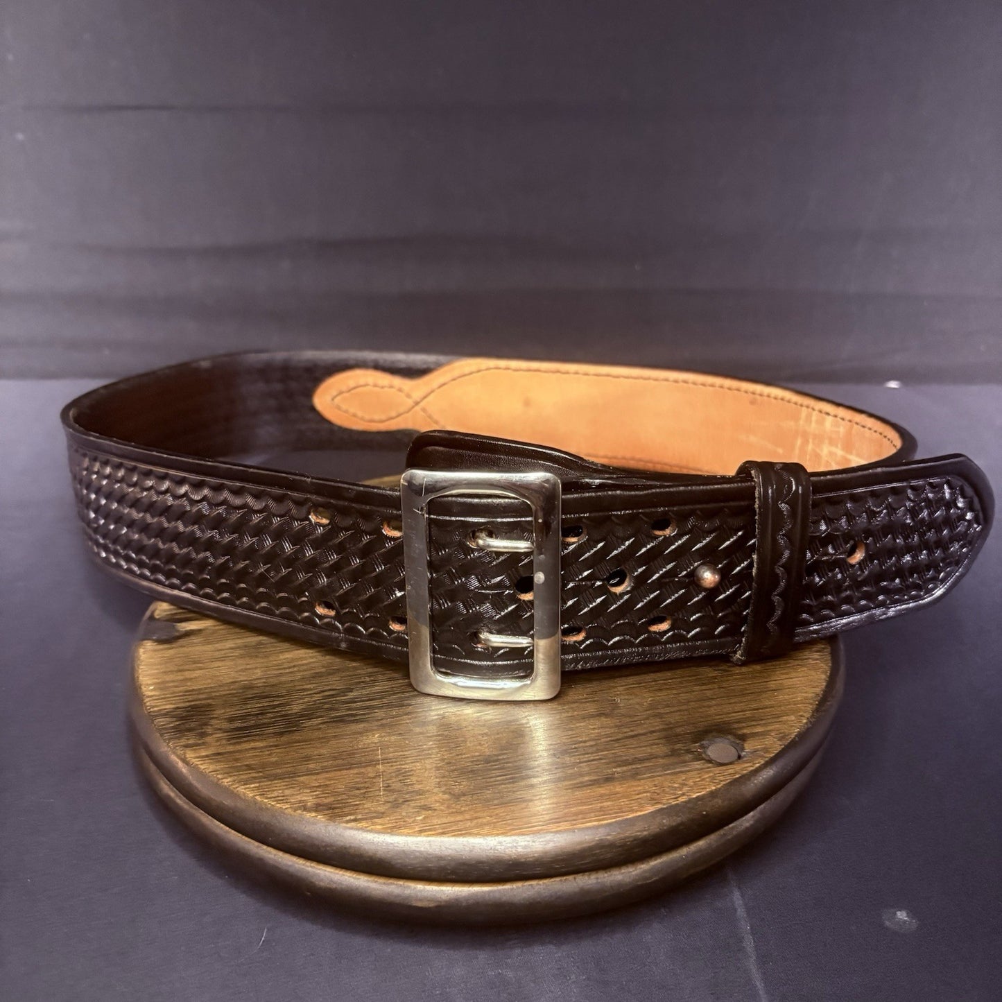 DutyMan Sam Browne Duty Belt Size 38" Chrome Buckle Basketweave Leather (1071)0