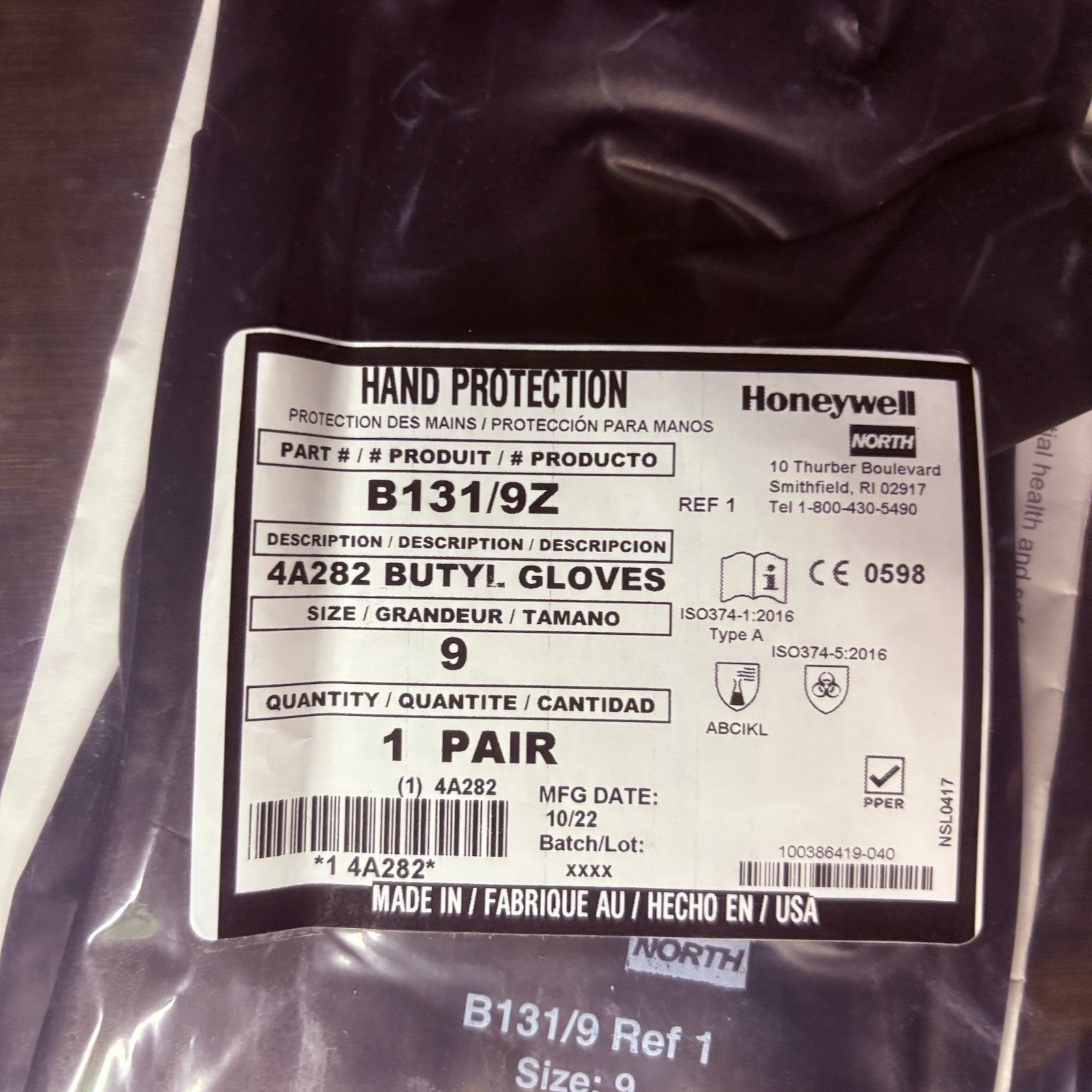 Honeywell North B131/9 Butyl Chemical Resistant 13 Mil Smooth Finish Gloves Sz 91