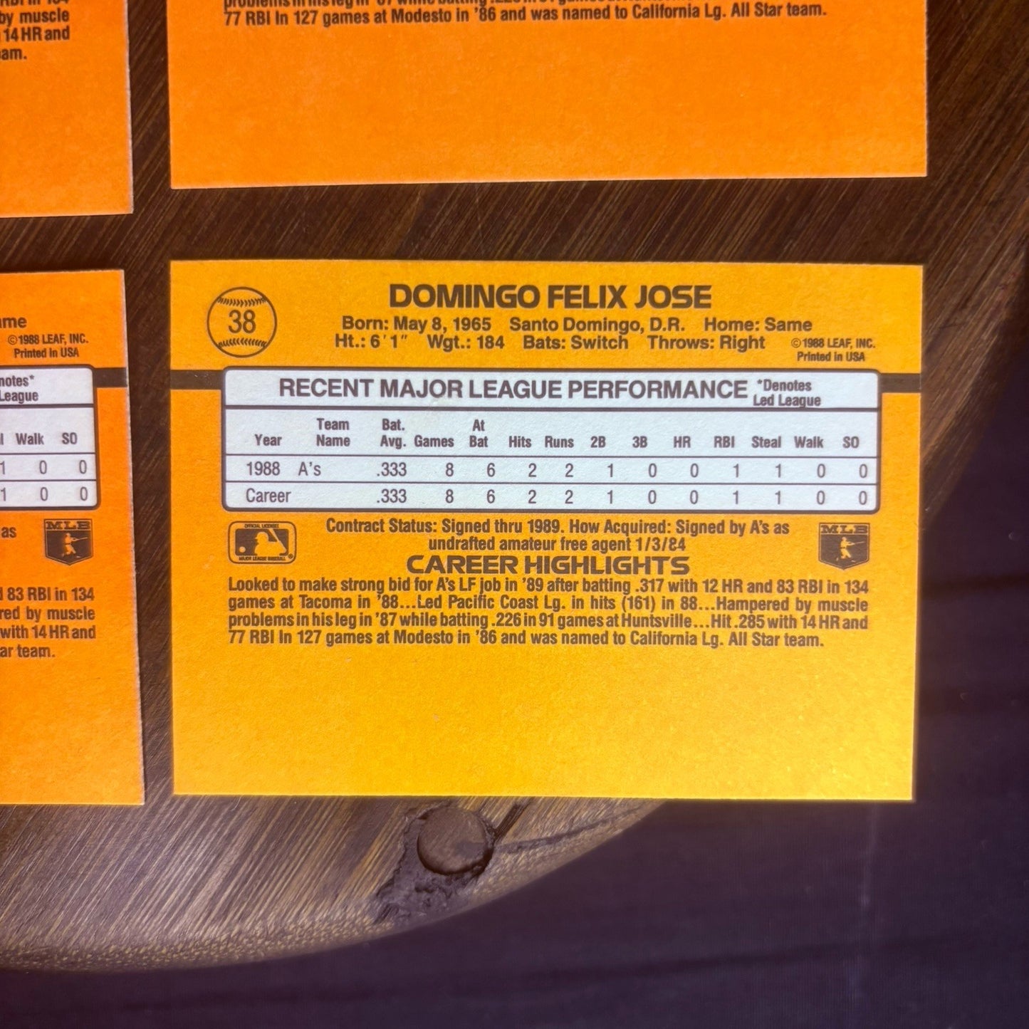 (Lot Of 6) 1989 Felix Jose Donruss Baseball ROOKIE #38  Oakland Athletics6