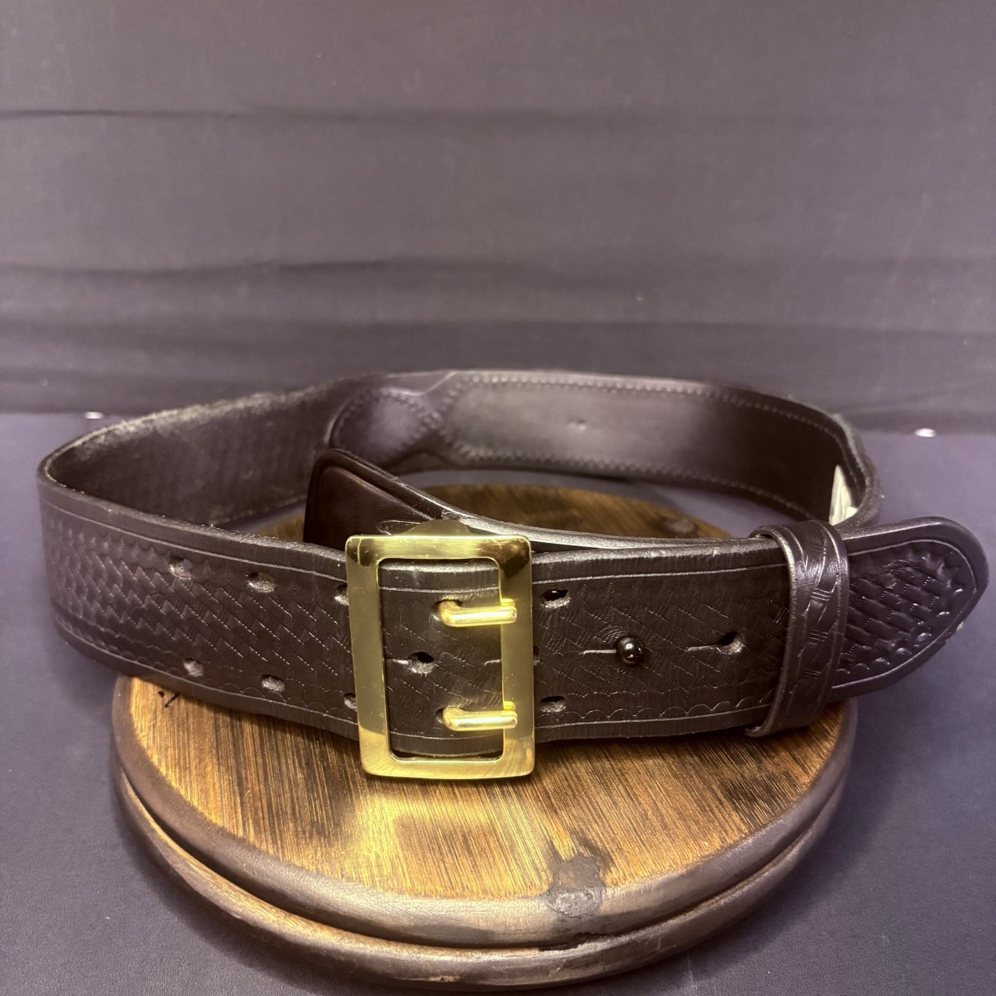 Aker Sam Browne Duty Belt (B03-36)  Size 36" Black Basketweave w/Brass Buckle0