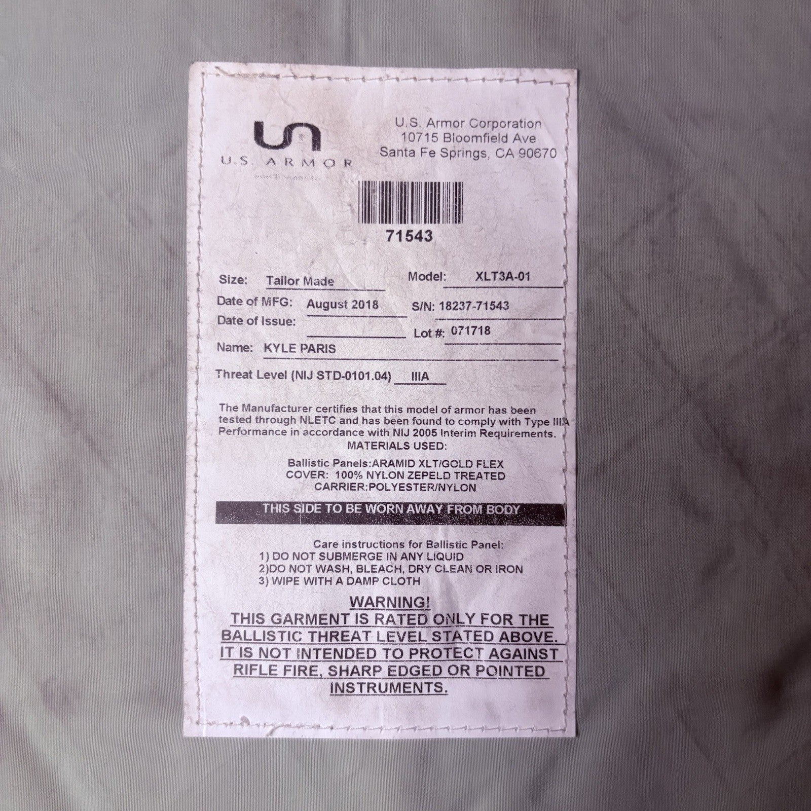 US Armor IIIA (3A) Bullet Proof Vest Size Female Medium 2018 w/6x8" Trauma Plate18