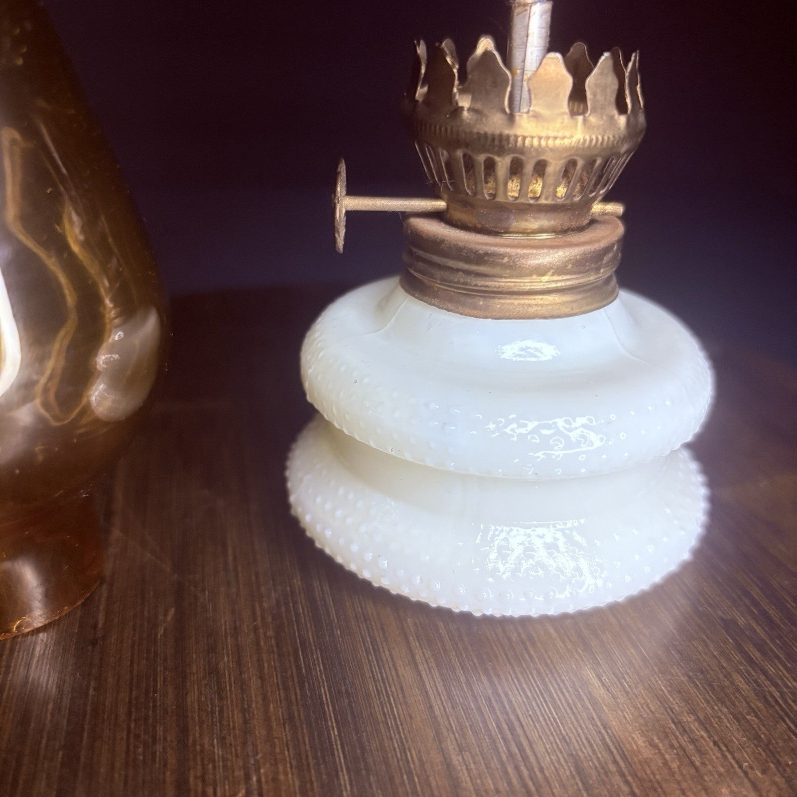VTG Miniature Hurricane Oil Lamp Hobnail Milk Glass Base Amber Globe, Hong Kong15