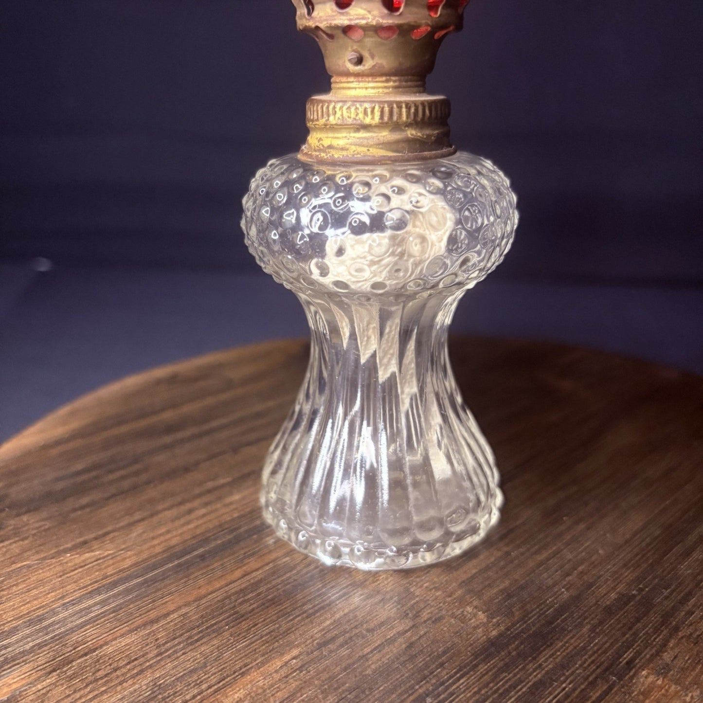 VTG Miniature Hurricane Oil Lamp Clear Hobnail Bubble Base, Ruby Red Bell Globe1