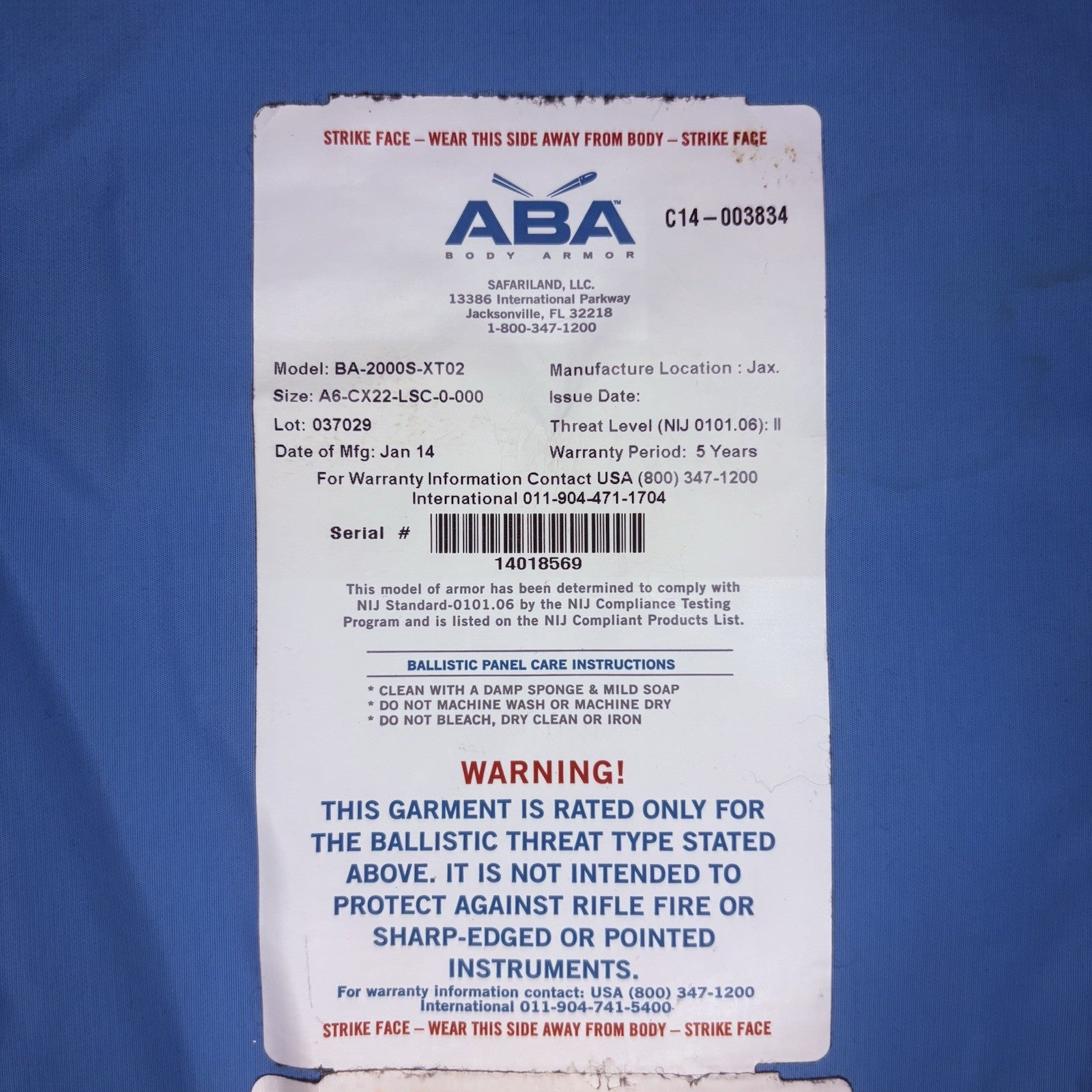 Second Chance Level 2 Vest w/ 3A Back Panel Size Medium Bullet Proof ABA Armor12