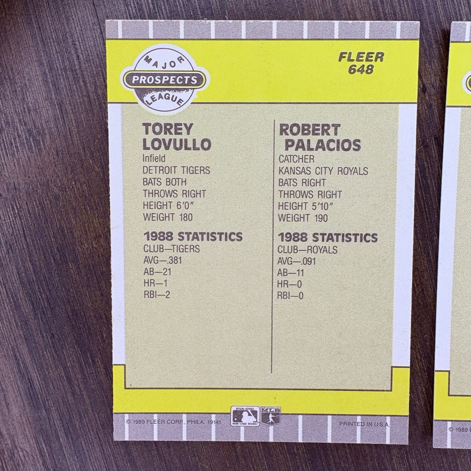 1989 Fleer Prospects Torey Lovullo, Robert Palacios #648 (RC) 2 High Grade Cards10