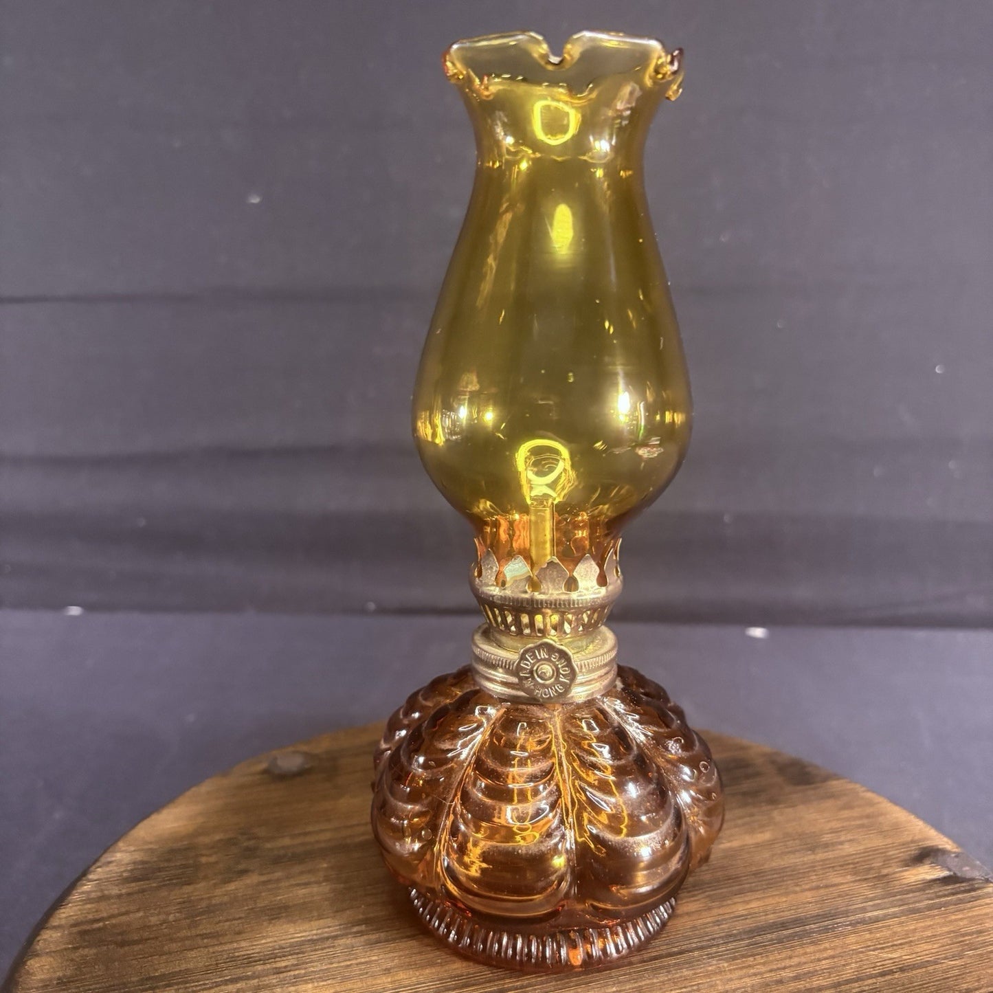 VTG Miniature Hurricane Oil Lamp Amber Base, Hong Kong 8" Clear Shade0