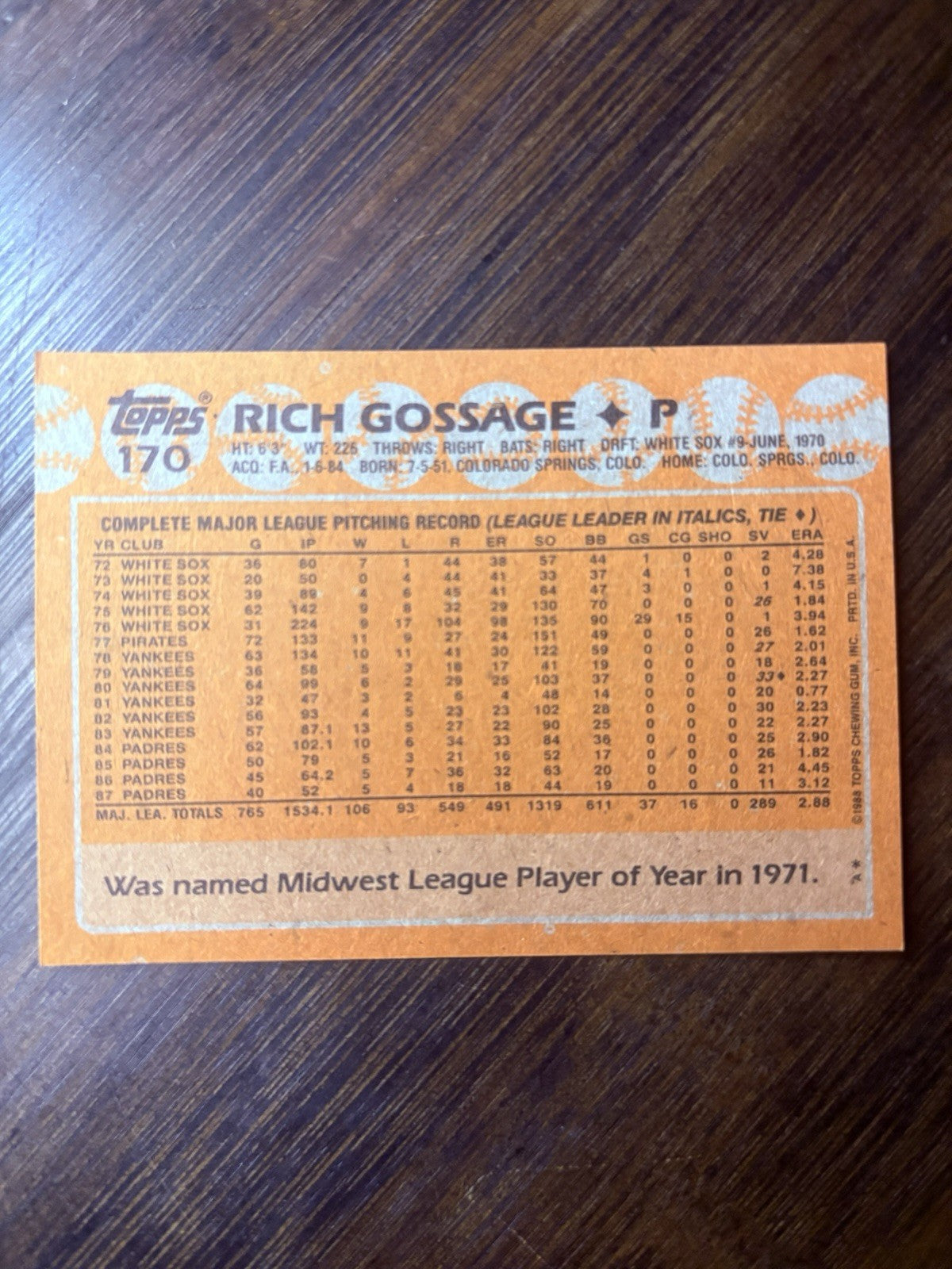 1988 Topps Tiffany Rich Gossage Baseball Cards #170 High Grade See photos1