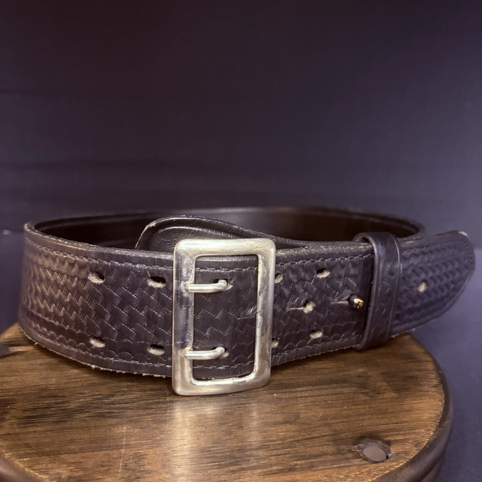 Aker Sam Browne Duty Belt (B01-36)  Size 36" Black Basketweave w/Chrome Buckle0