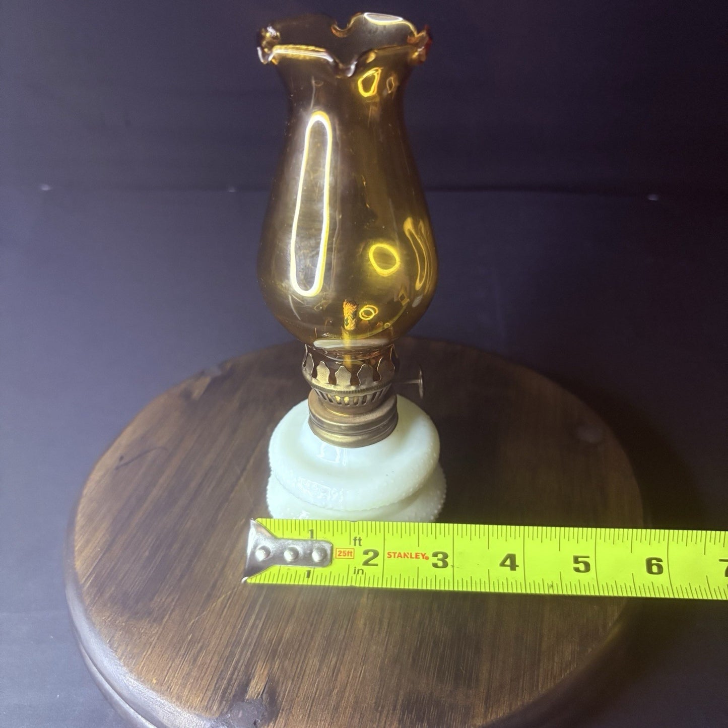 VTG Miniature Hurricane Oil Lamp Hobnail Milk Glass Base Amber Globe, Hong Kong12