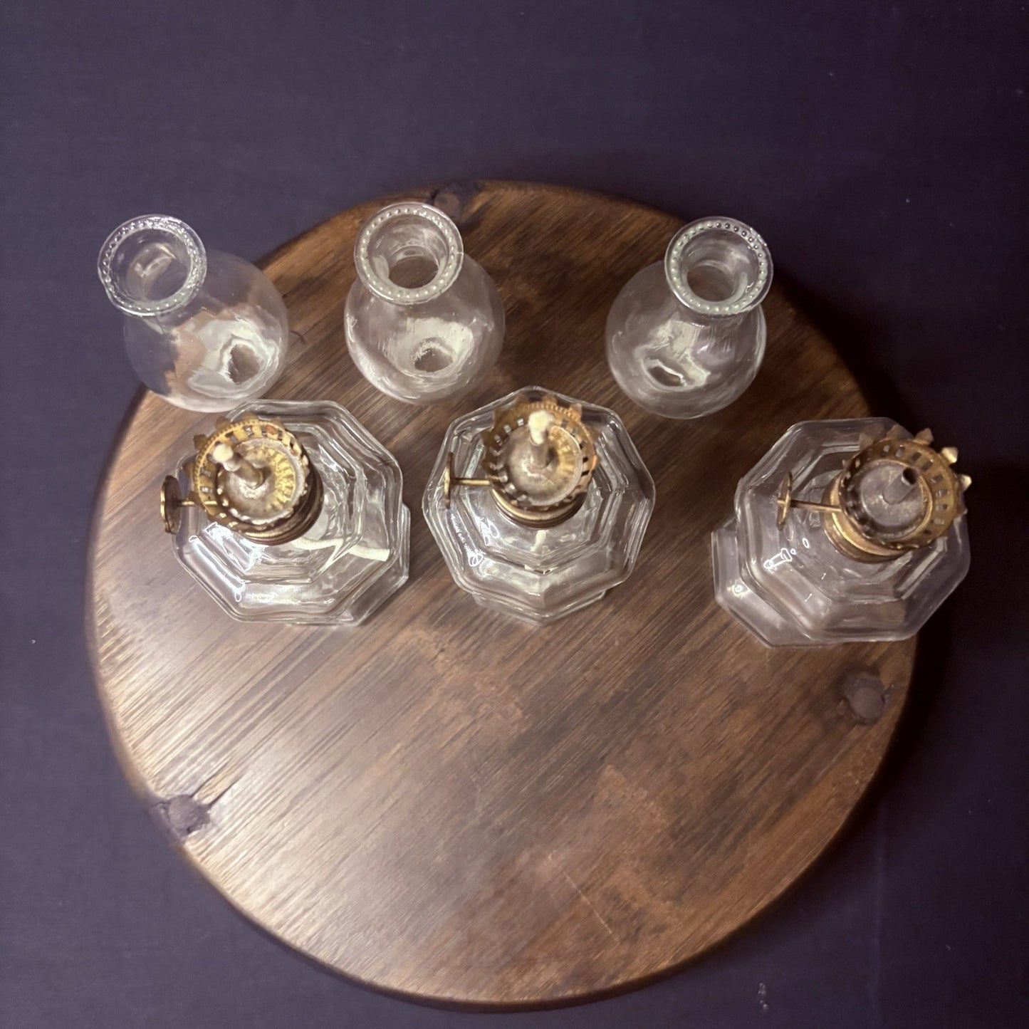 VTG 3 Miniature Hurricane Oil Lamp Set Of 3, Thick Glass Octagon Base - 6.5"10