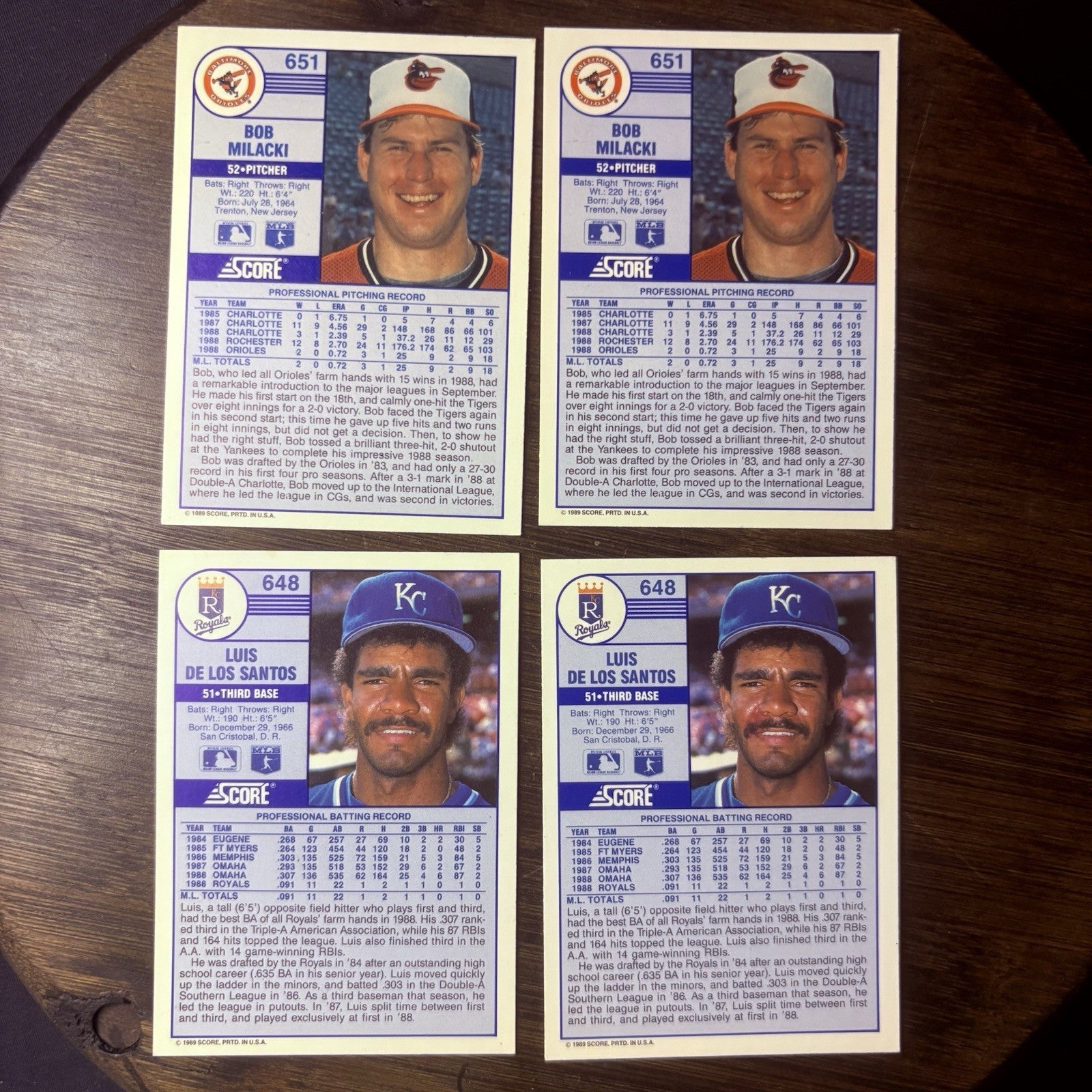 (2) 1989 Score Bob Milacki ROOKIE CARD #651 & (2) Luis De Los Santos #6481